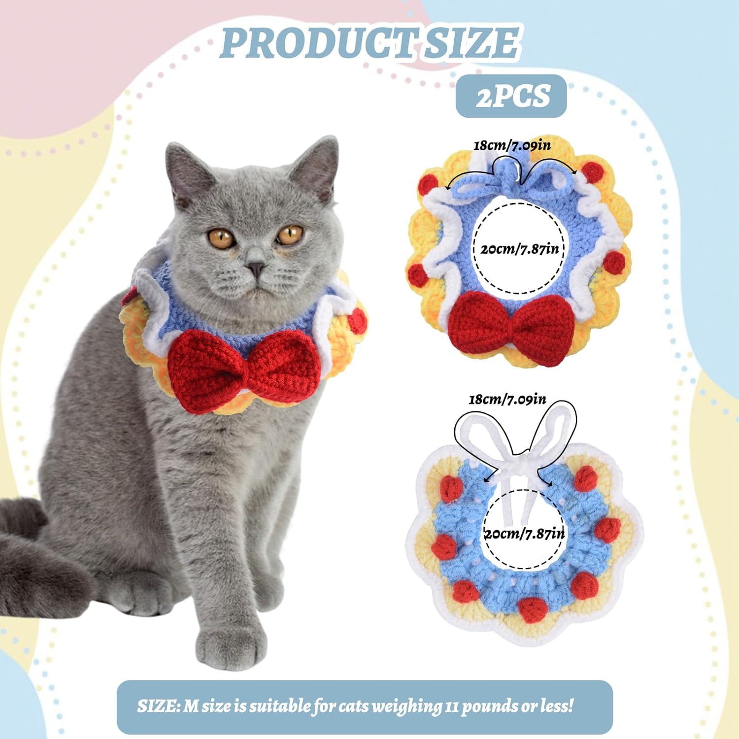 HACRAHO Adjustable Knit Pet Collar，2 PCS Knitted Cat Collar Handmade Cute Cat Collars Breakaway Kitten Collars Adjustable Knitted Cats Collares for Girl Cats Puppies（M） image number 1