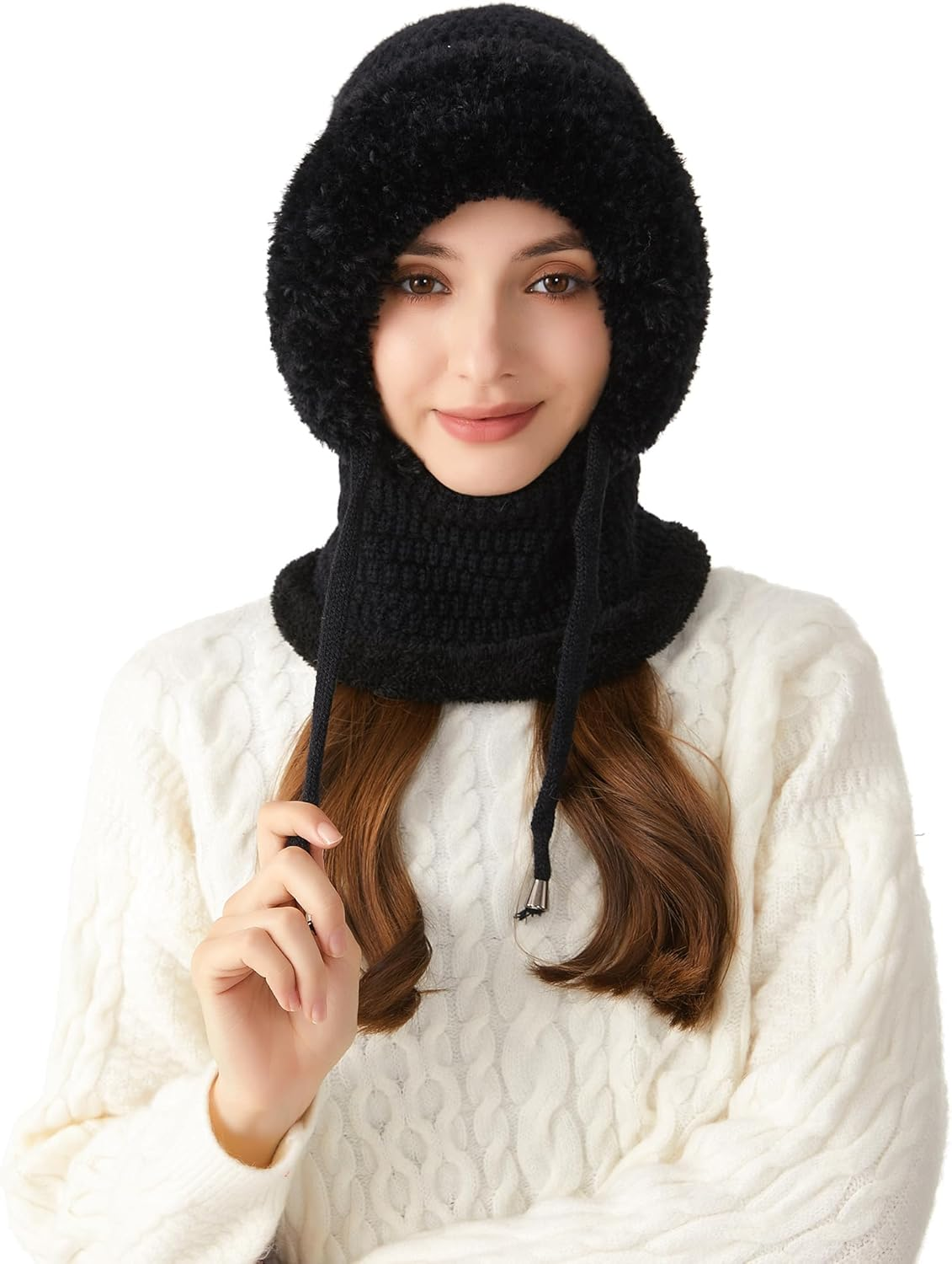 KEOYA Women'S Knit One-Piece Hat with Scarf Elastic Face Mask Fleece Balaclava with Drawstring Winter Warm Ski Beanie Cap image number 2