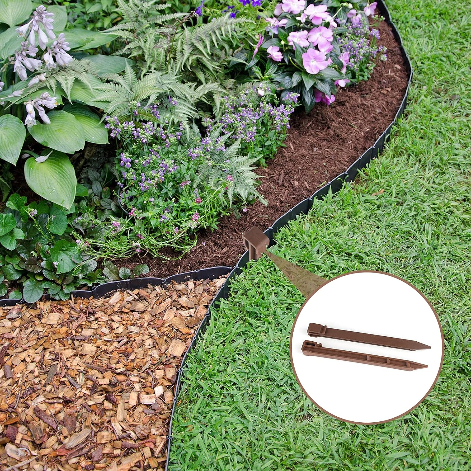 KINGLAKE Garden Landscape Edging Stakes 9.7 Inch 12 Pack Heavy Duty Plastic Garden Netting Ground Stakes,Anchoring Spikes for Edging & Terrace Board (Brown)