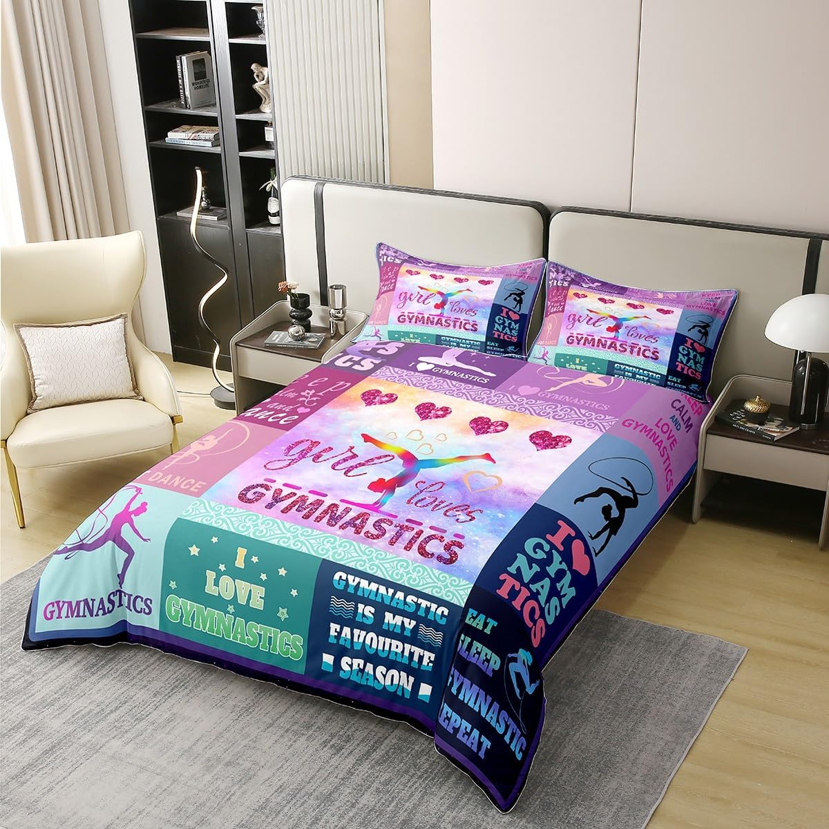 Loussiesd Gymnastics Bedding Set 135 X 200 Cm 100% Cotton Children'S Girls Gymnastics Duvet Cover Set Gifts for Gymnast Lovers Purple Bedding Set image number 4