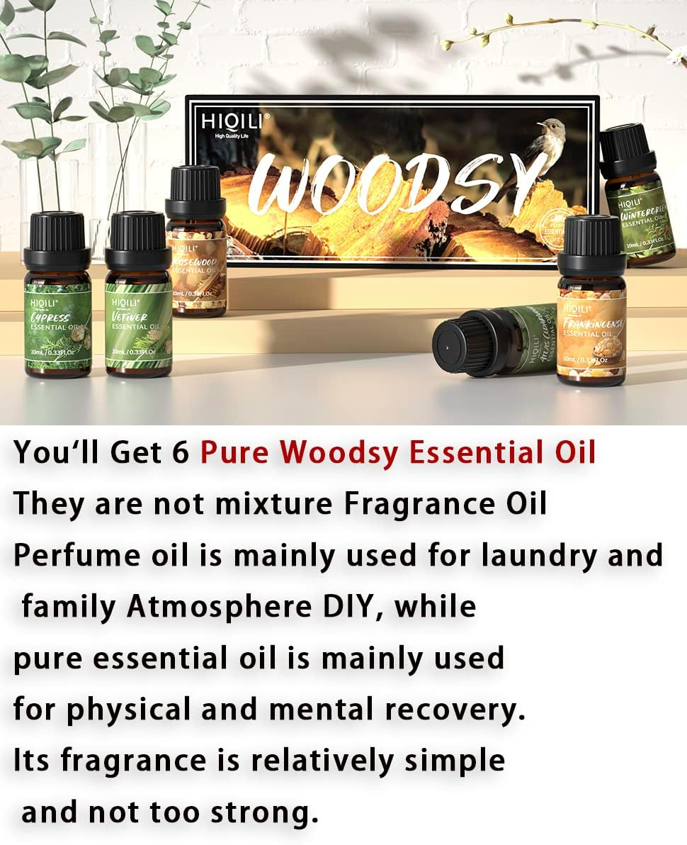 HIQILI Woodsy Essential Oil Set 6X10Ml,100% Pure for Diffuser Aromatherapy, Perfume Making Massage Oil Skin Beauty Care,Cedarwood, Wintergreen, Frankincense, Vetiver, Rosewood, Cypress image number 1