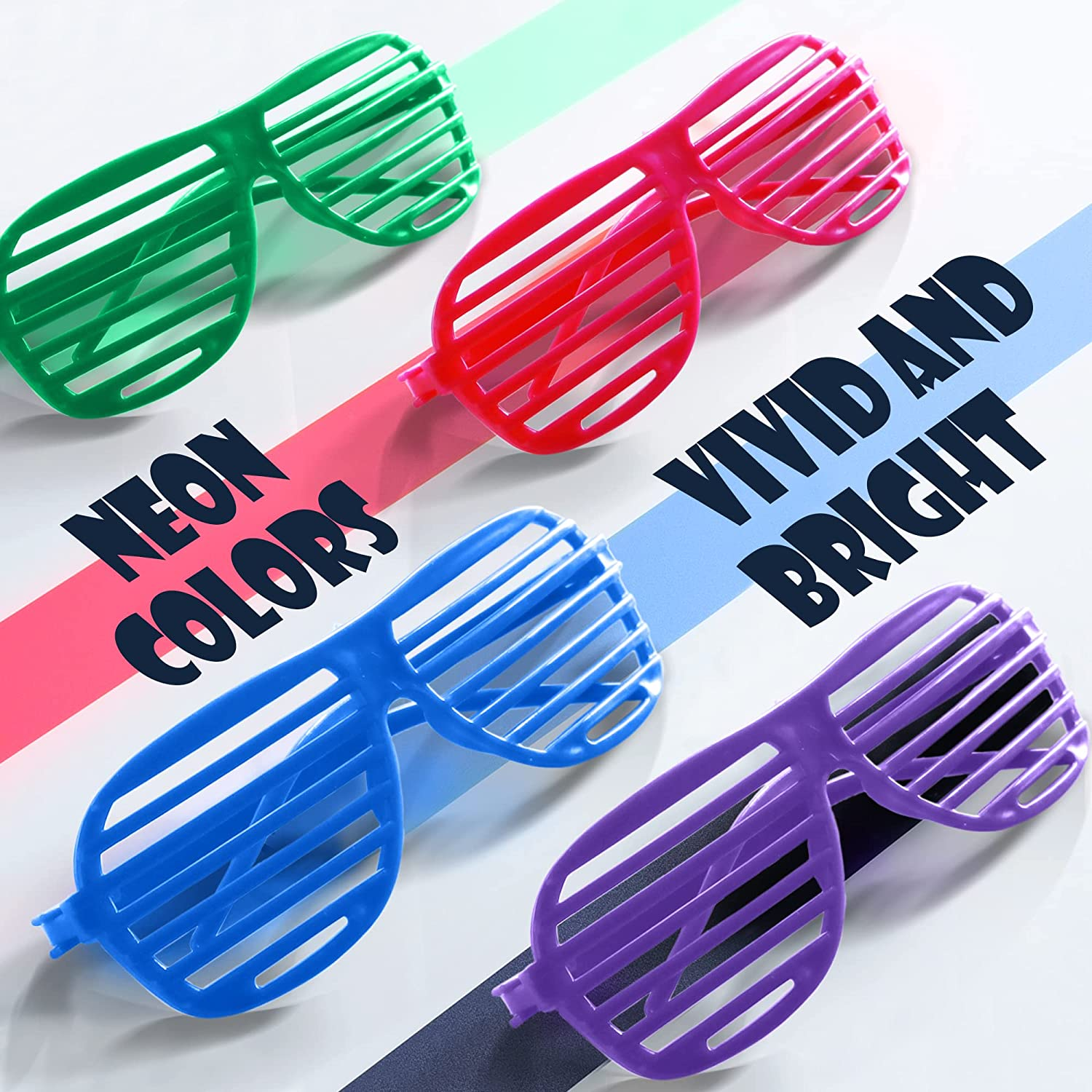 Novelty Place Neon Color Shutter Glasses 80'S Party Slotted Sunglasses for Kids & Adults - 12 Pairs (4 Colors) image number 5
