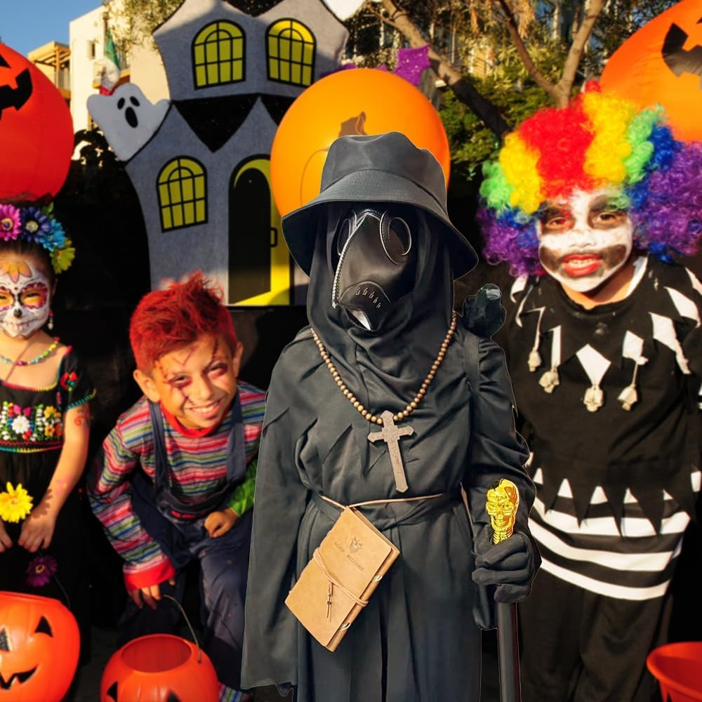 SENLI Plague Doctor Costume for Kids Funny Scary Halloween Costumes for Boys Girls 9 in 1 Set Halloween Outfits image number 4