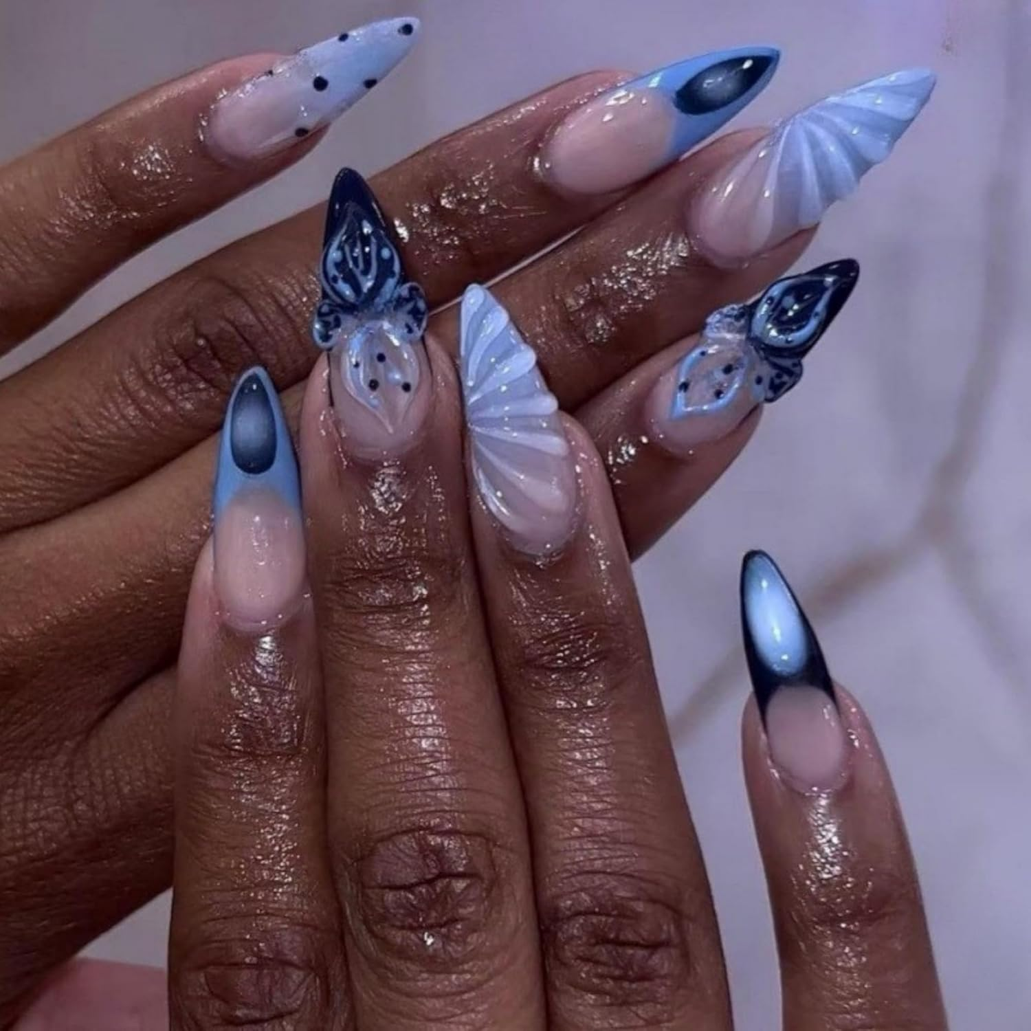 Press on Nails 24Pcs Reusable Acrylic French Full Cover False Nails W Nail Glue Women Girls Daily Decoration Nail Extension Easy DIY Black White Waves - Almond Nails-Burgundy Gradient image number 2