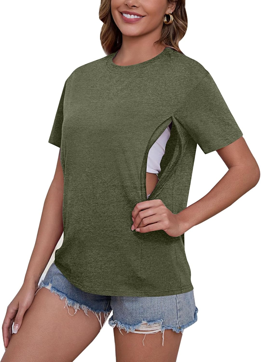 Comfort Breastfeeding Shirts for Women Zip Nursing Tops Causal Distressed Acid Washed Maternity Tees