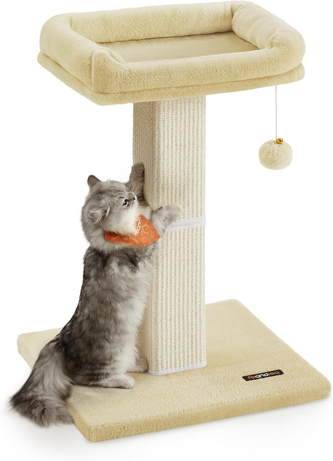 Feandrea Cat Scratching Post, 27.9-Inch Cat Scratcher with 15.7 X 11.8 Inches Plush Perch, Tall Scratch Post with Woven Sisal, Pompom, Removable Washable Cover, Beige UPCA022M01