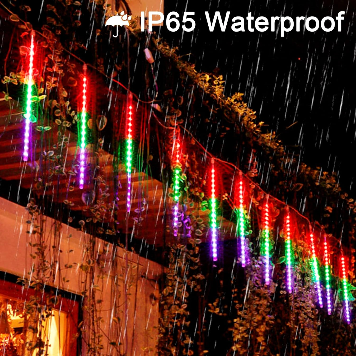 OPAHUTER Solar Meteor String Lights with Remote, 240 Leds Falling Rain Lights, 30Cm 10 Tubes Meteor Shower Rain Lights Waterproof Snowfall LED Lights for Party Wedding Garden Christmas Tree - Multicolor image number 6