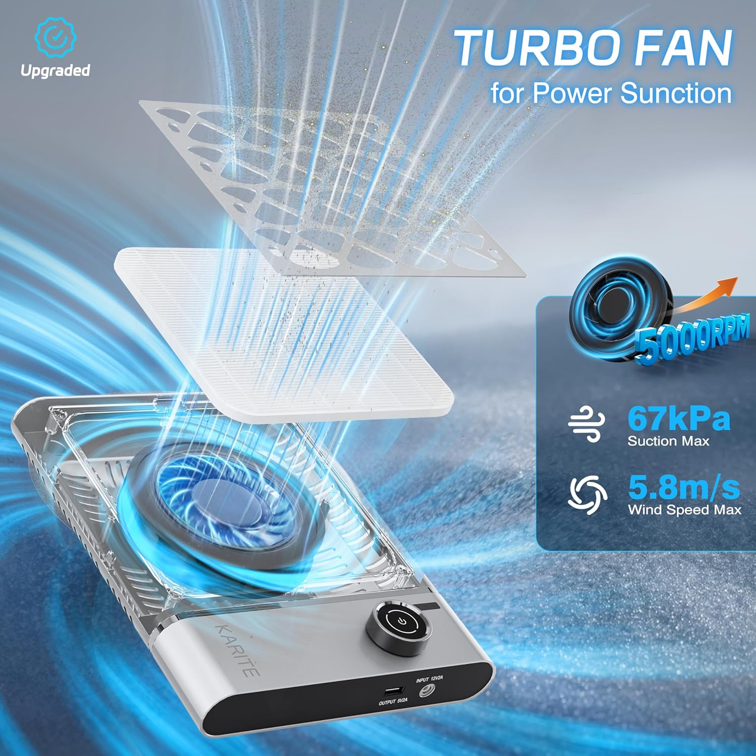 Karite Nail Dust Collector, Upgrade Vacuum Dust Collector with Filter & 30Pcs Papers, 5000RPM Power Suction, 6000Mah Rechargeable Dust Collector Nail Tech, Cordless for Easy Use and Cleaning image number 2