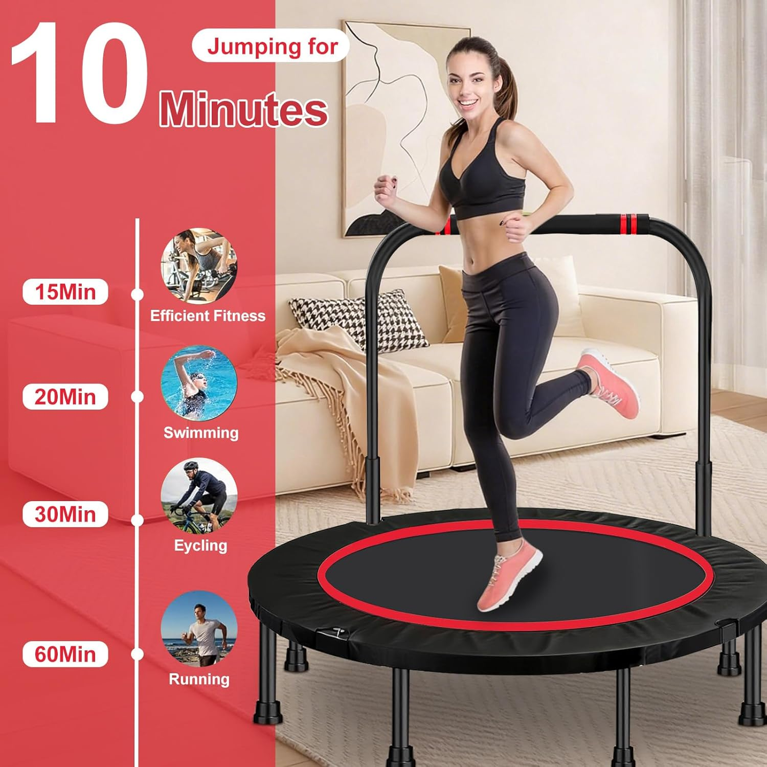 48" Foldable Mini Trampoline Rebounder, Fitness Trampolines with Adjustable Foam Handle, Thick Steel Spring Exercise Rebounder Trampoline for Adults Indoor Outdoor Workouts Max Load 300KG image number 3