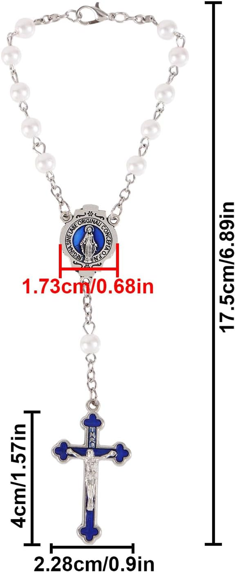 Steering Wheel Rosary Charm, Silver Catholic Car Accessory with Virgin Mary Crucifix and Pearls Rear View Mirror Hanging Ornament for Men & Women image number 6