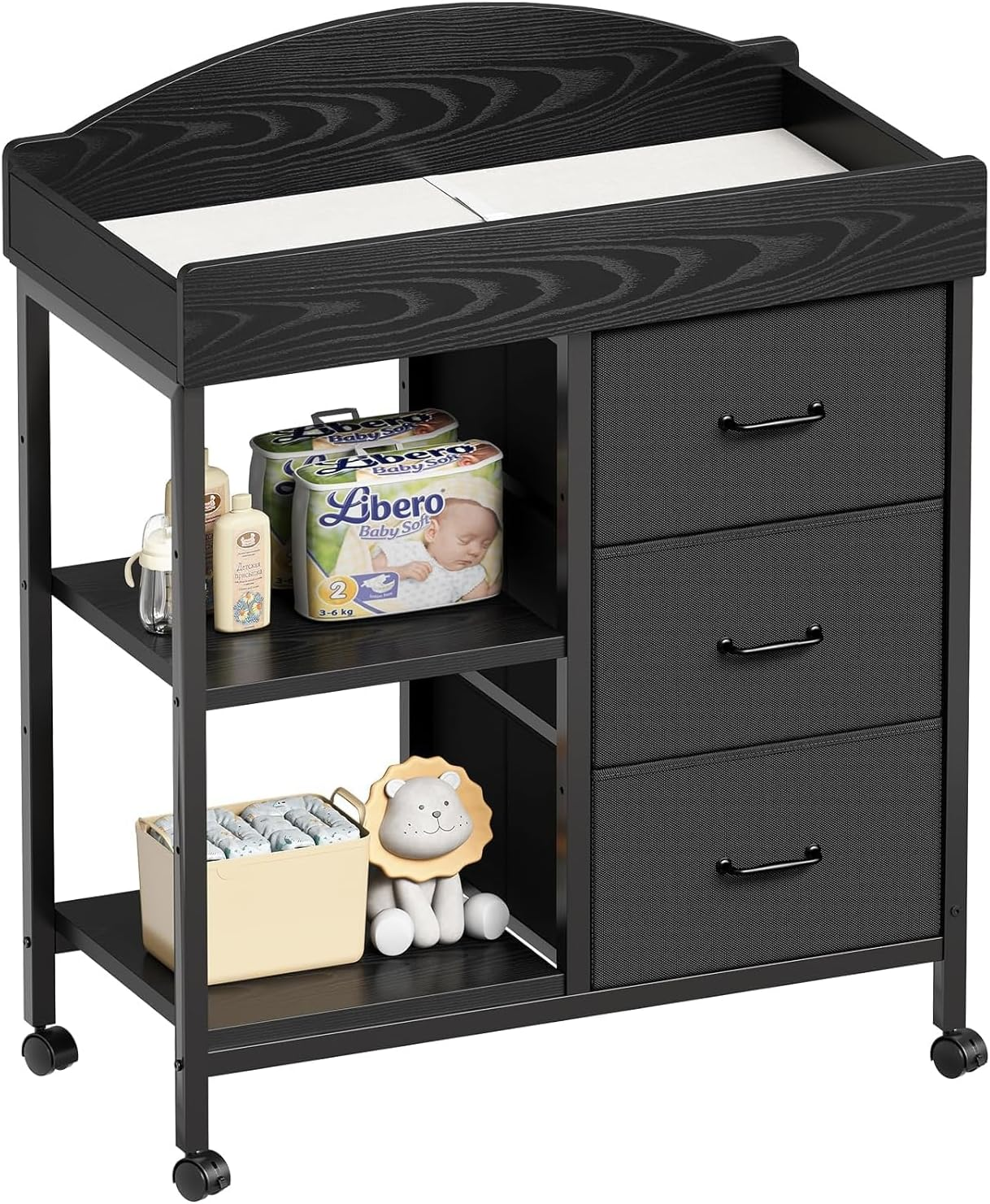 Changing Table Dresser, Baby Dresser with 3 Drawers and 2 Shelves, Multi-Functional Baby Changing Table with Pad, Classic Nursery Dresser, Diaper Changing Station for Children'S Room, Black