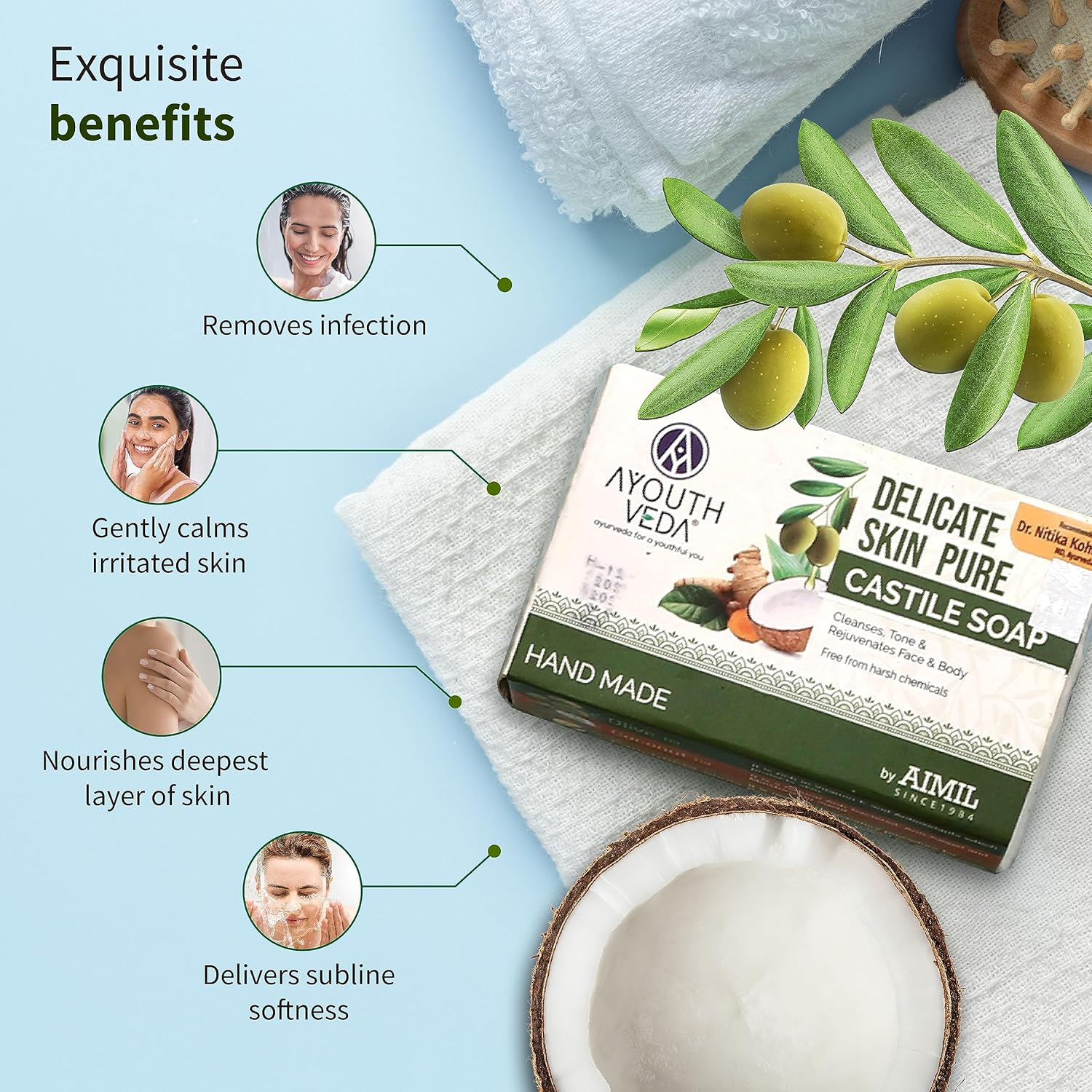 Ayouthveda Delicate Skin Pure Castile Soap, Eliminates Excessive Oil, Soothes Inflamed Skin, Nourishes the Deepest Layer of Skin, 100 Gm (Pack of 5)