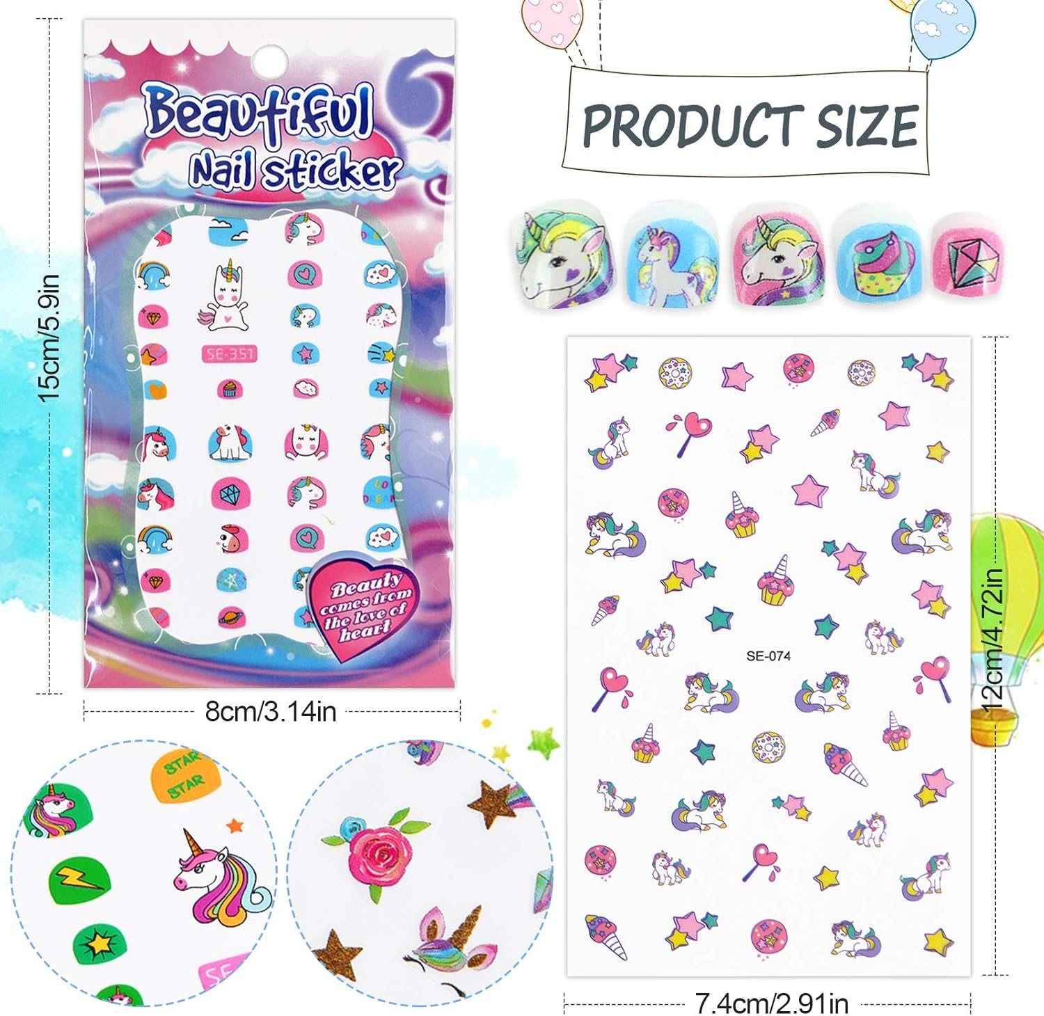 Unicorn 3D Nail Art Stickers Decals Self-Adhesive for Kids Little Girls, 270+ Cute Nail Tip Star Crown Princess Nail Manicure for Fingernails Toenails Birthday Party Supplies Gift Favors image number 5