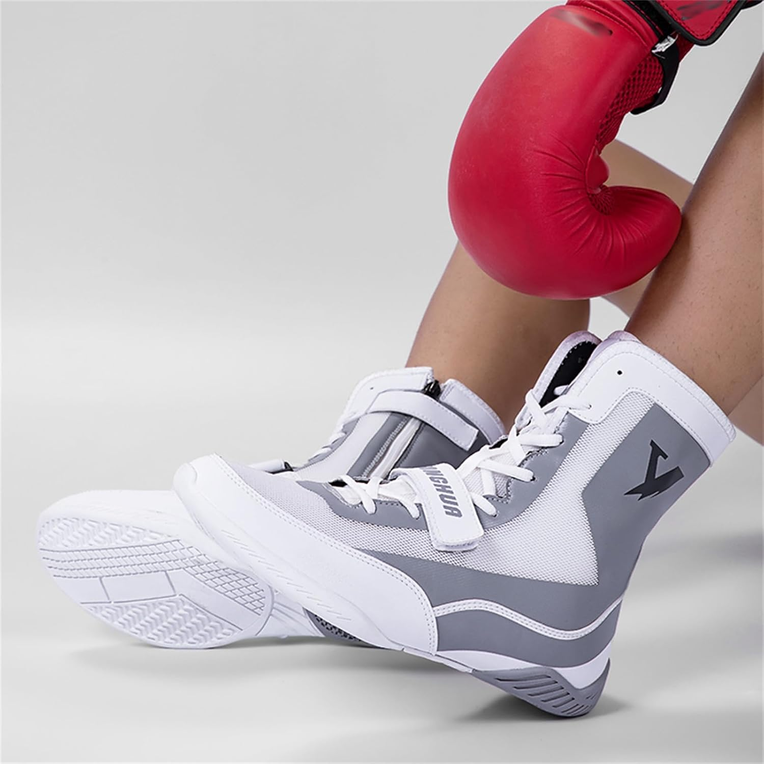 Men'S Boxing Shoes, High Top Wrestling Fighting Shoes Lightweight Flat Fitness Ankle Boots image number 4