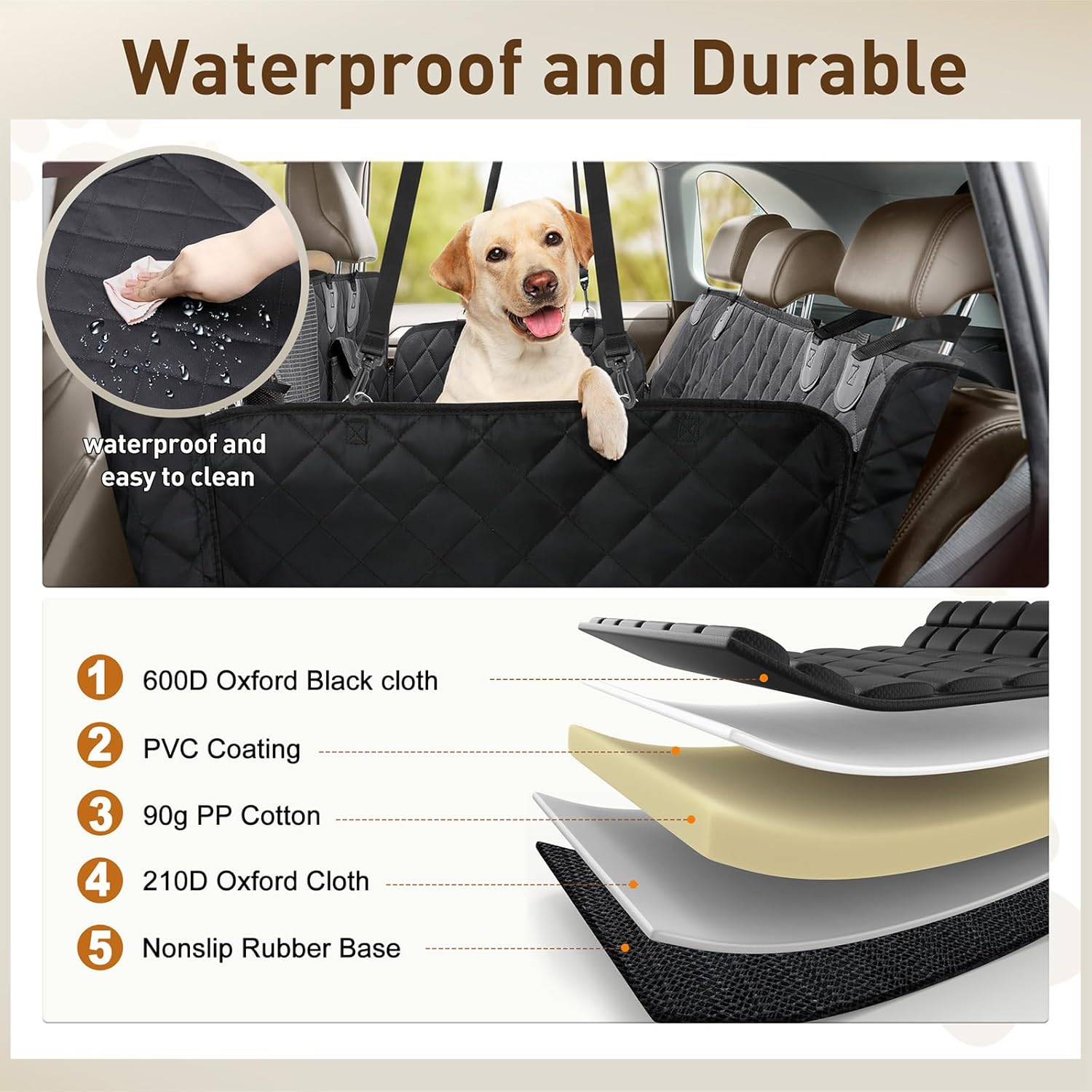 Gimars Extra Large 5 in 1 Dog Car Seat Cover for Back Seat Sturdy Zippers 600D Waterproof, 6 Layers Heavy Duty Scratchproof Pets Dog Seat Cover Nonslip for Cars Trucks SUV image number 6