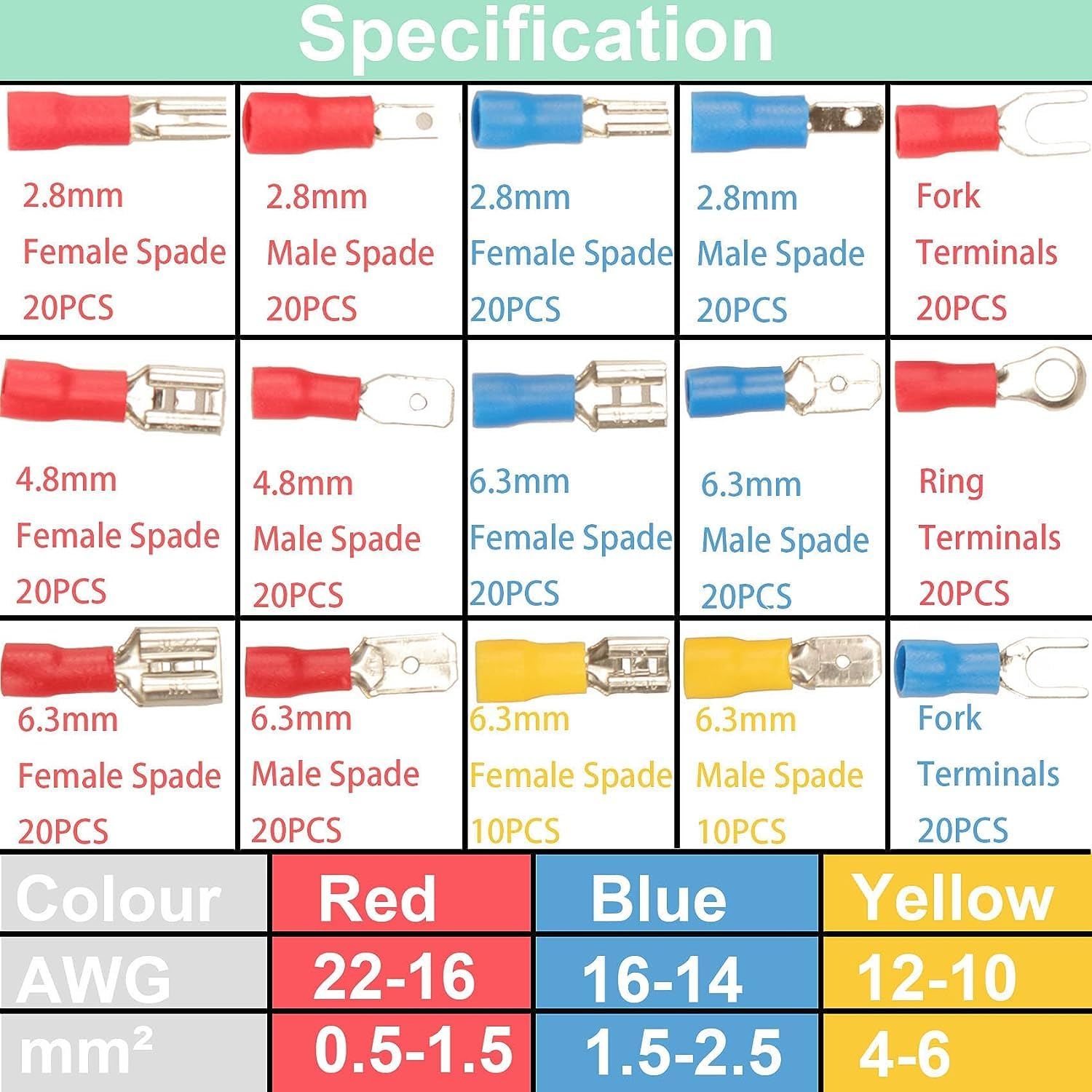 Yotsuba 280PCS Crimp Connectors, 2.8Mm 4.8Mm 6.3Mm Male and Female Spade Connector Kit, 15 Types Crimp Terminals Electrical Connectors, Electrical Terminals Includes Spade Ring Fork Wire Connectors image number 6