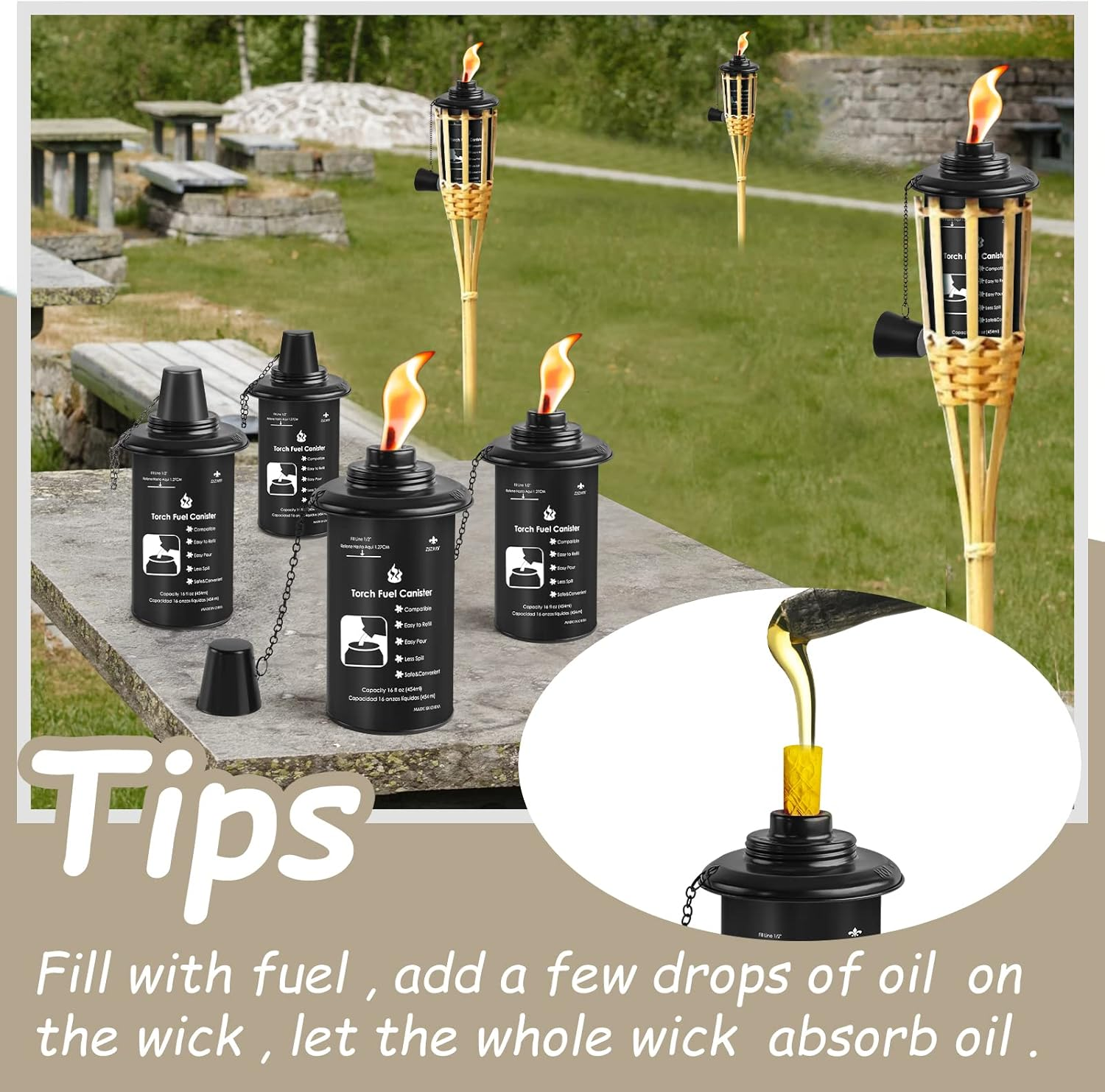 ZSZMFH 16Oz Torch Canisters, 6 Pack Bamboo Torch Refillable Replacement Canister, Outdoor Citronella Fuel Torch Canister with Wicks and Covers,For Luau Party, DIY Garden Decor. - 16 Oz-6 Pack image number 3