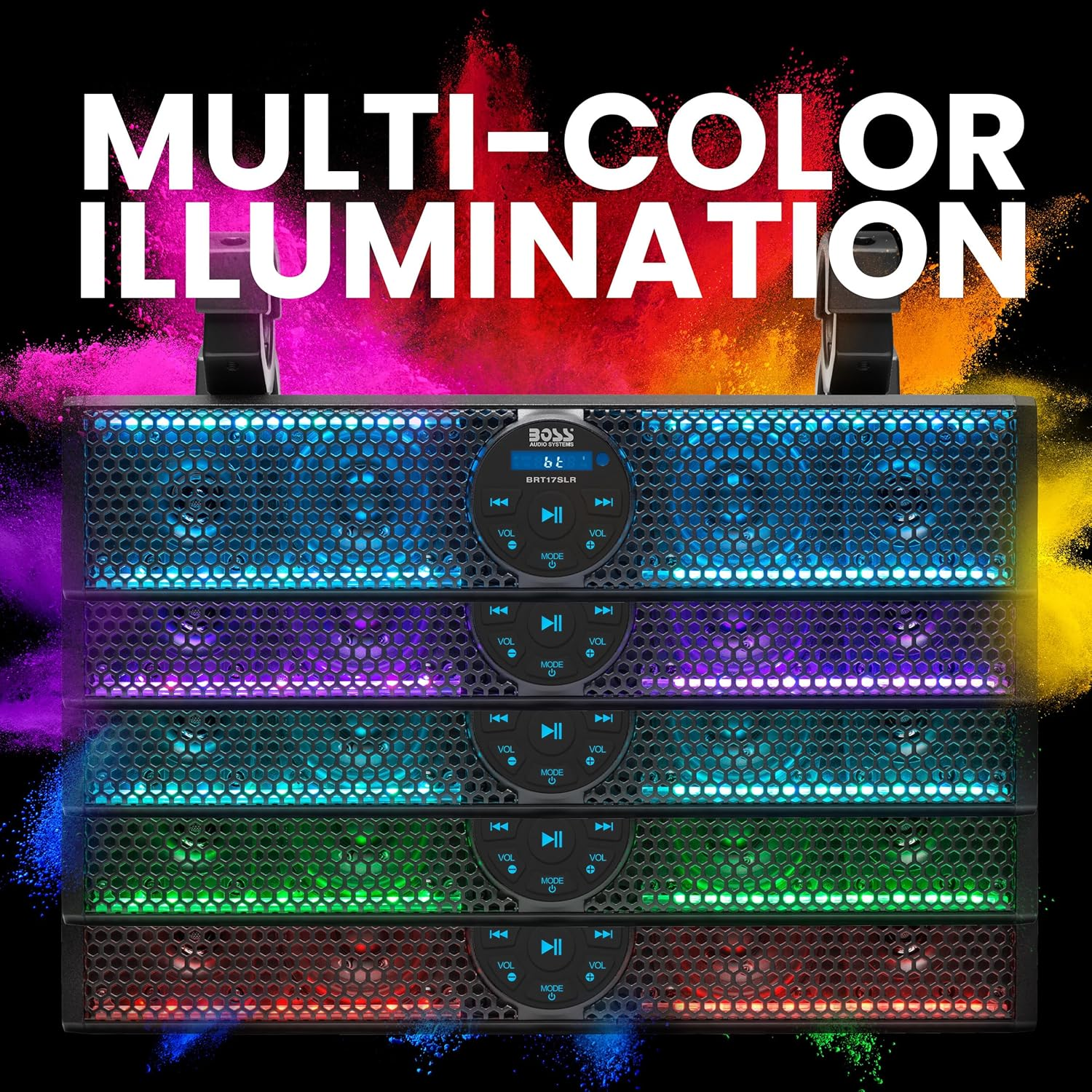 BOSS Audio Systems BRT17SLR ATV Sound Bar - 17 Inches Wide, 3 Inch Speakers, IPX5 Weatherproof, Bluetooth, Built-In Amp, Multicolor Illumination image number 1