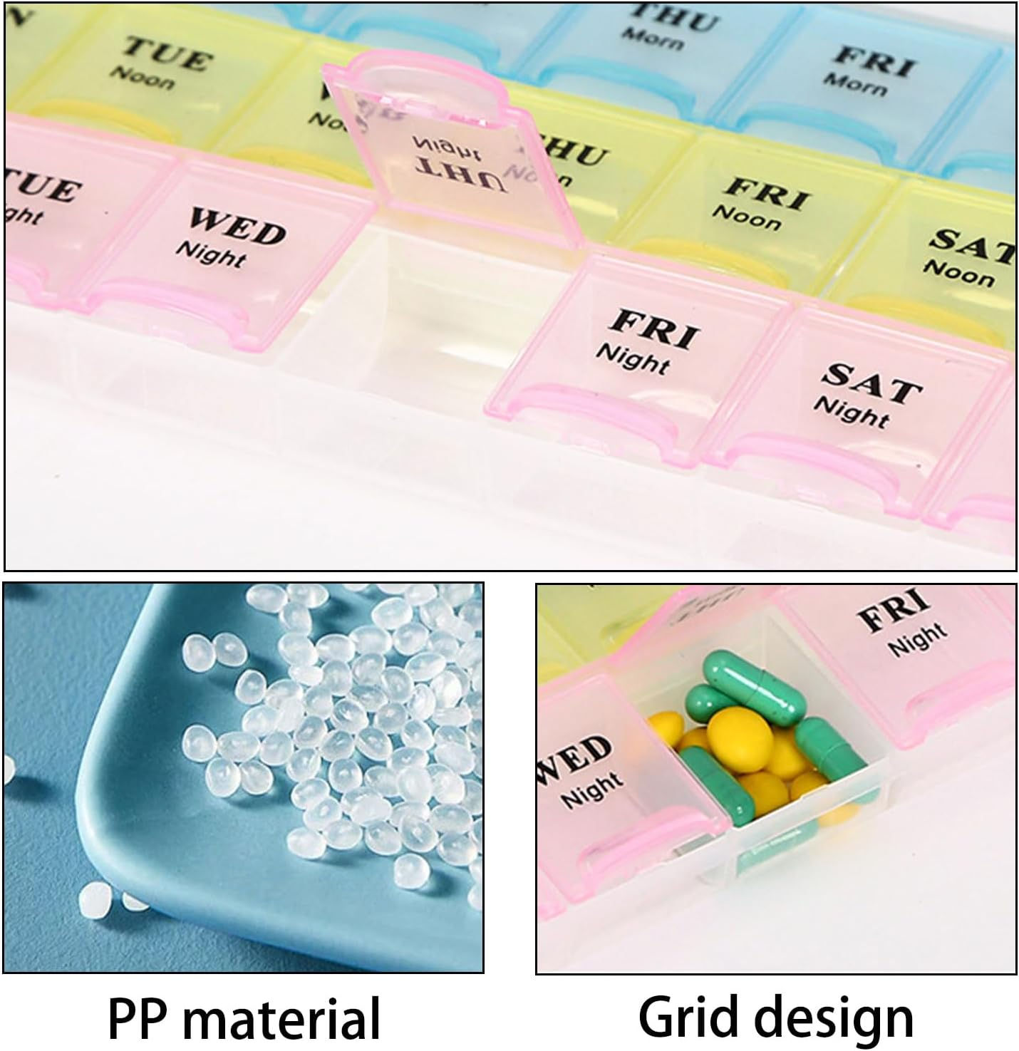 Pill Organiser, 3-Color 21-Grid Moisture-Proof Weekly Pill Organiser for Morning, Noon and Evening, Portable Medicine Reminder Medicine Organiser, for Pills Vitamins Fish Oil Supplement