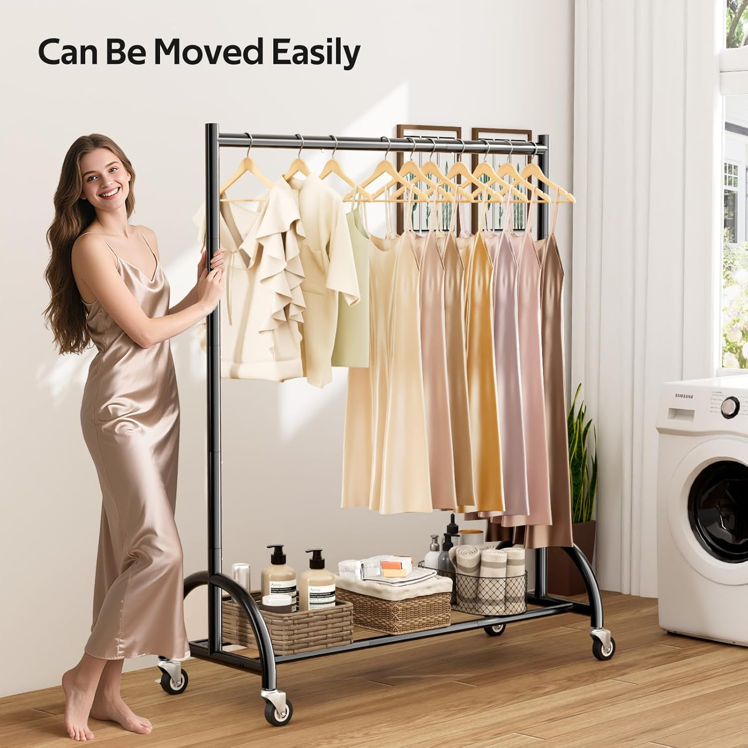 MISSLO Heavy Duty Clothing Rack with Wheels Rolling Clothes Racks for Hanging Clothes, Coats, Garment, Dress, Black image number 3