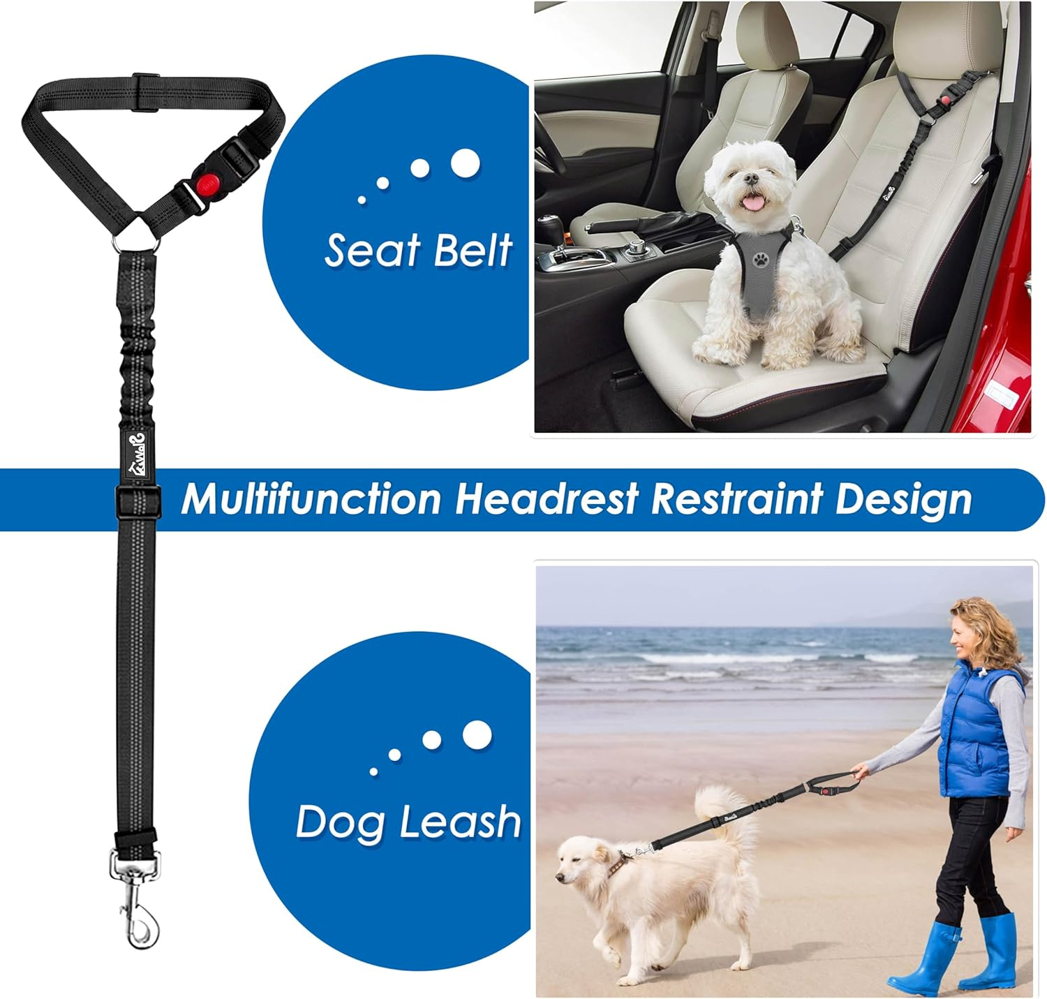 Slowton Dog Seatbelt Leash for Cars, 2 Pack Pet Safety Car Seat Belt with Adjustable Buckle & Reflective Bungee, Connect Dog Harness in Vehicle Car Dogs Restraint Travel Daily Use image number 4