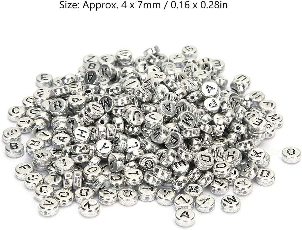 Folany 500Pcs Silver Acrylic round Letter Beads, A-Z Alphabet, Plastic, 4X7Mm, DIY Craft image number 2