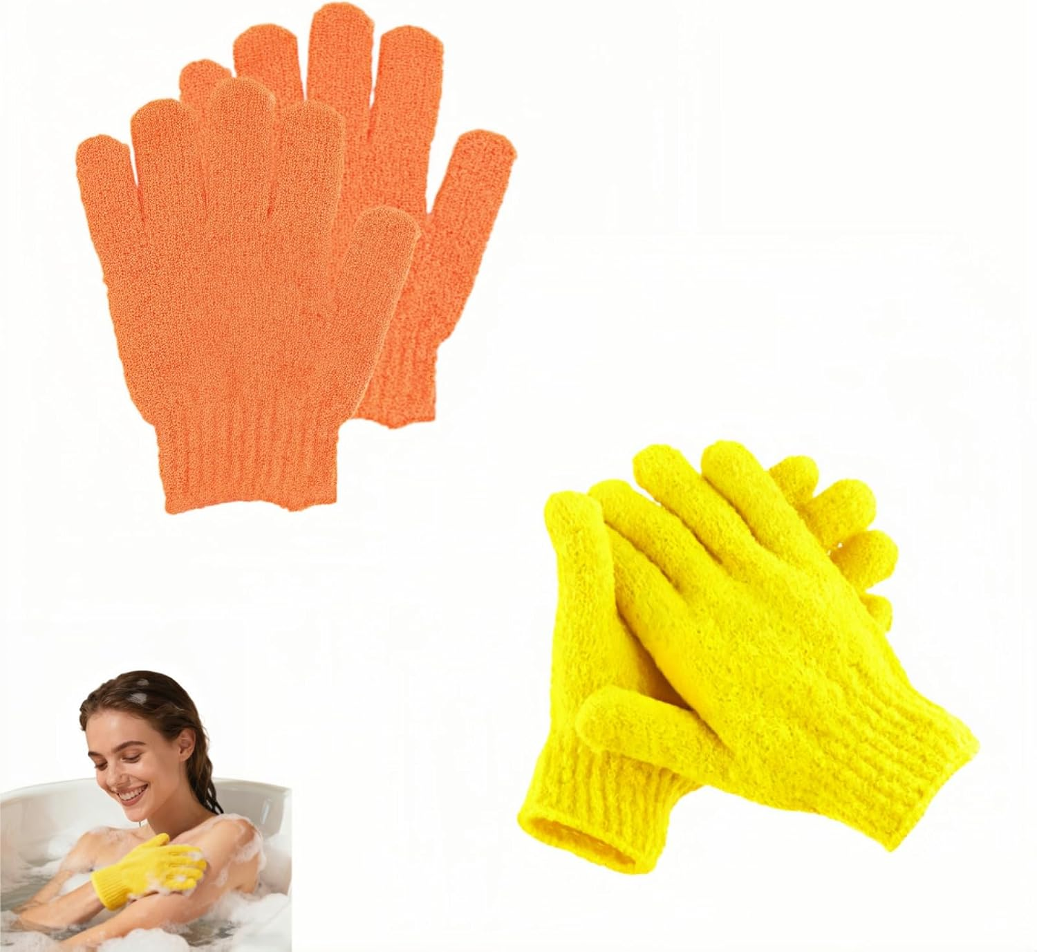 Ryandesign Exfoliating Shower Gloves, 2 Pairs Reinforced Nylon Bath Scrubbing Mitts, Orange and Yellow, One Size Fits All, Body Cleansing Massage