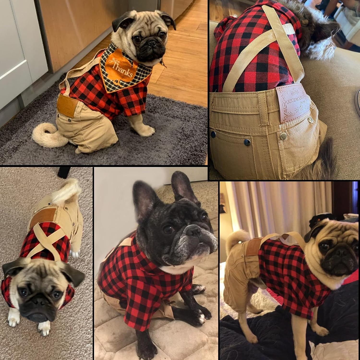 Small Dog Clothes Red Plaid Shirt Khaki Overalls Pants Jumpsuit Outfits Cool Pet Clothes for Small Dogs Cats Boy Girl, Jeans Onesies Pjs Apparel Halloween Christmas Costume Birthday Party Dress image number 2