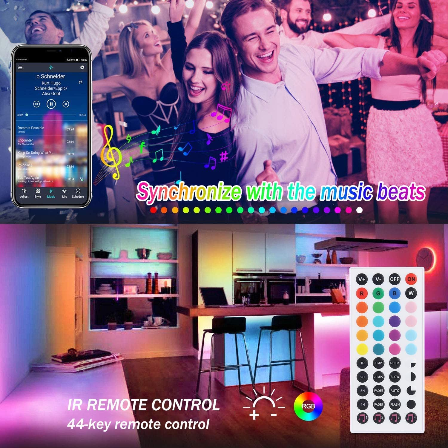 20M Ultra Bright Bluetooth Led Strips Lights,Aled LIGHT 2X10M 1200Leds 24V 5050 RGB Color Changing Flexible Rope Lights Kit Music Sync 44-Key Remote&App Control Non-Waterproof for DIY Home Decor image number 4