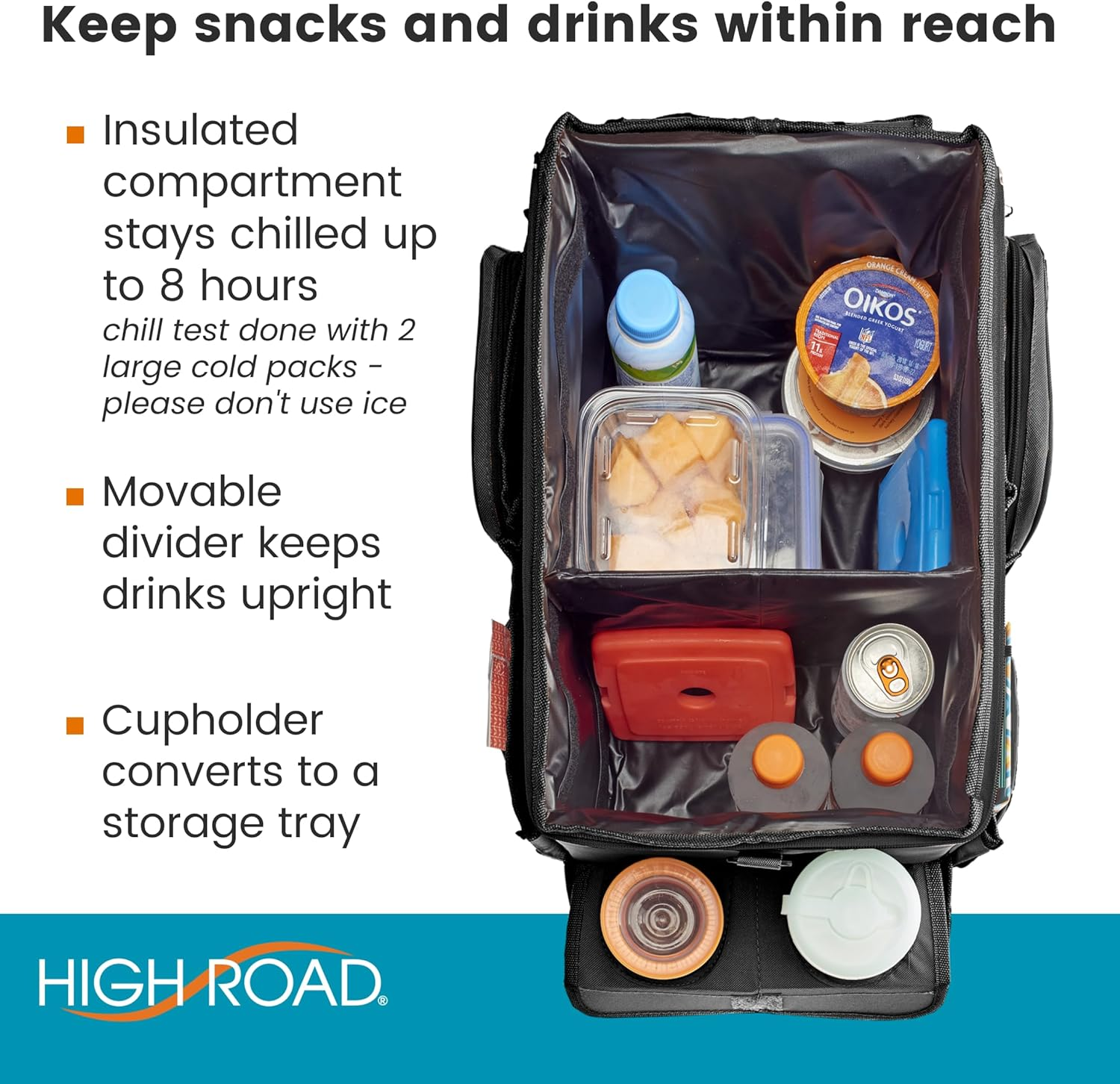 High Road Large Carhop Car Seat Organizer for the Front or Back Seat for Kids and Adults with Cup Holder Tray, Side Pockets and Cooler Compartment image number 3