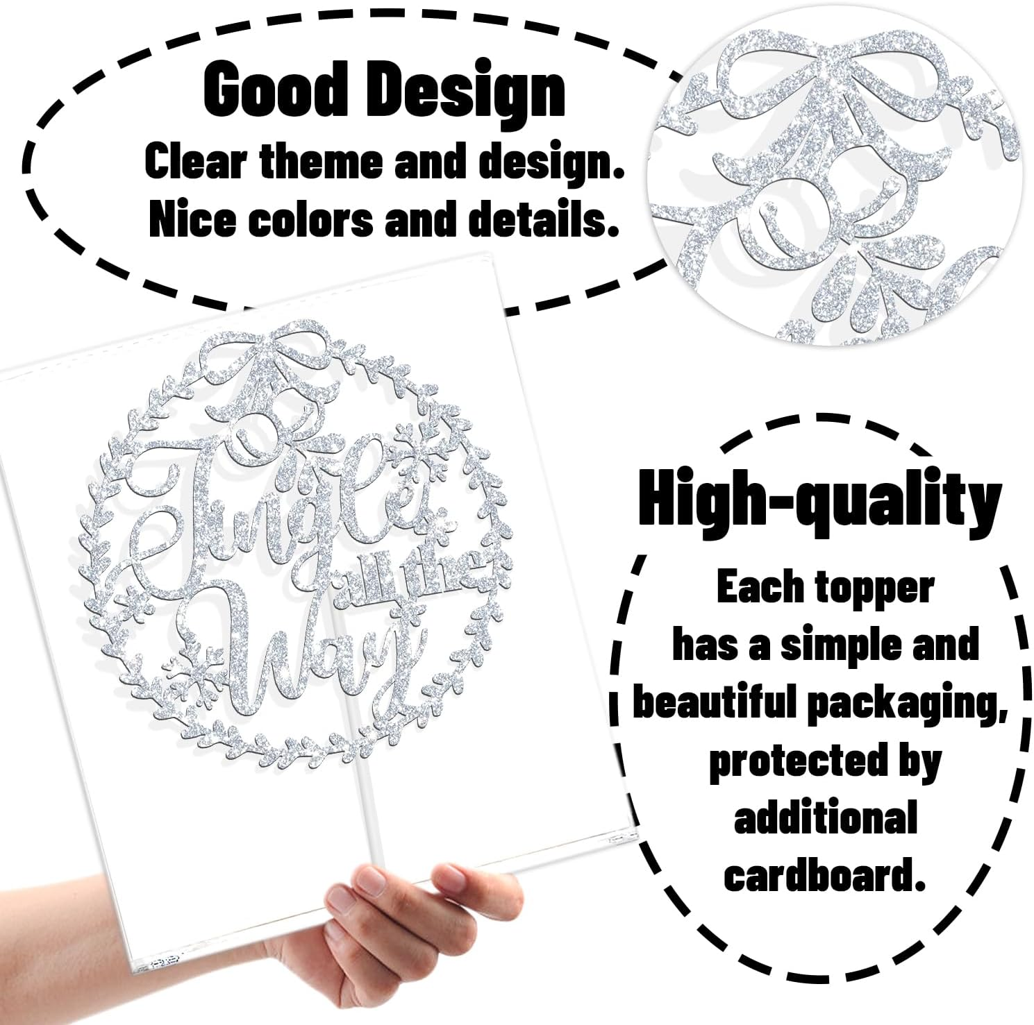 Jingle All the Way Cake Topper, Merry Christmas, Santa Cake Decor, Joyeux Noel Happy New Year Winter Christmas Holidays Eve Party Decoration Supplies, Silver Glitter