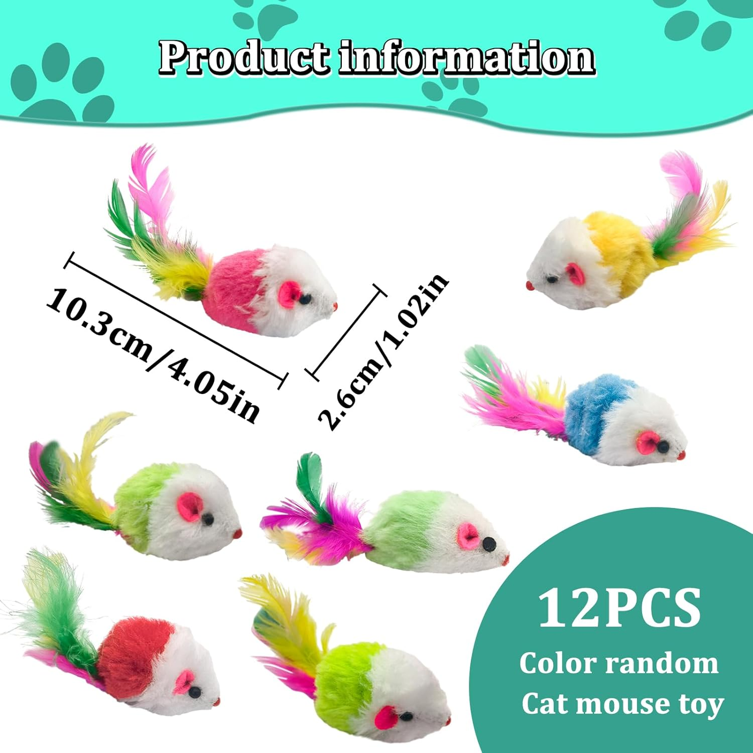 Andiker 12 Pieces Cat Mouse Toy for Indoor Cats, 3.93 Inch Colourful Cat Mice Toy with Feather Mice Toy for Cat Cat Plush Mouse Toy for Cat Catch Play (Random Colours) image number 2