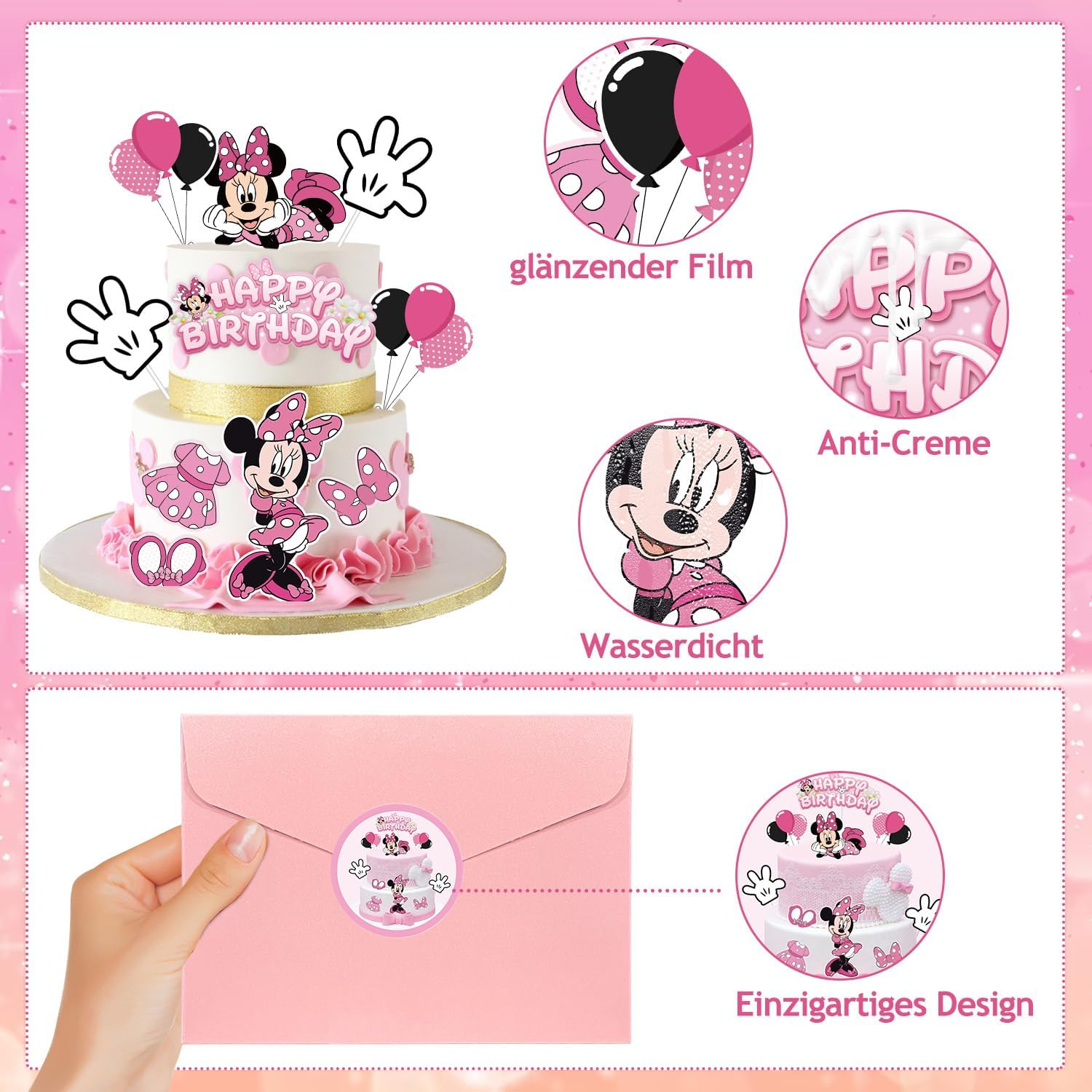 Lahe Birthday Cake Decoration, Glitter Minnie Cake Decoration, Happy Birthday Cake Decoration, Mouse Cake Topper Birthday for Girls Boys Party Decoration for Cake Decoration (Pack of 10) image number 1