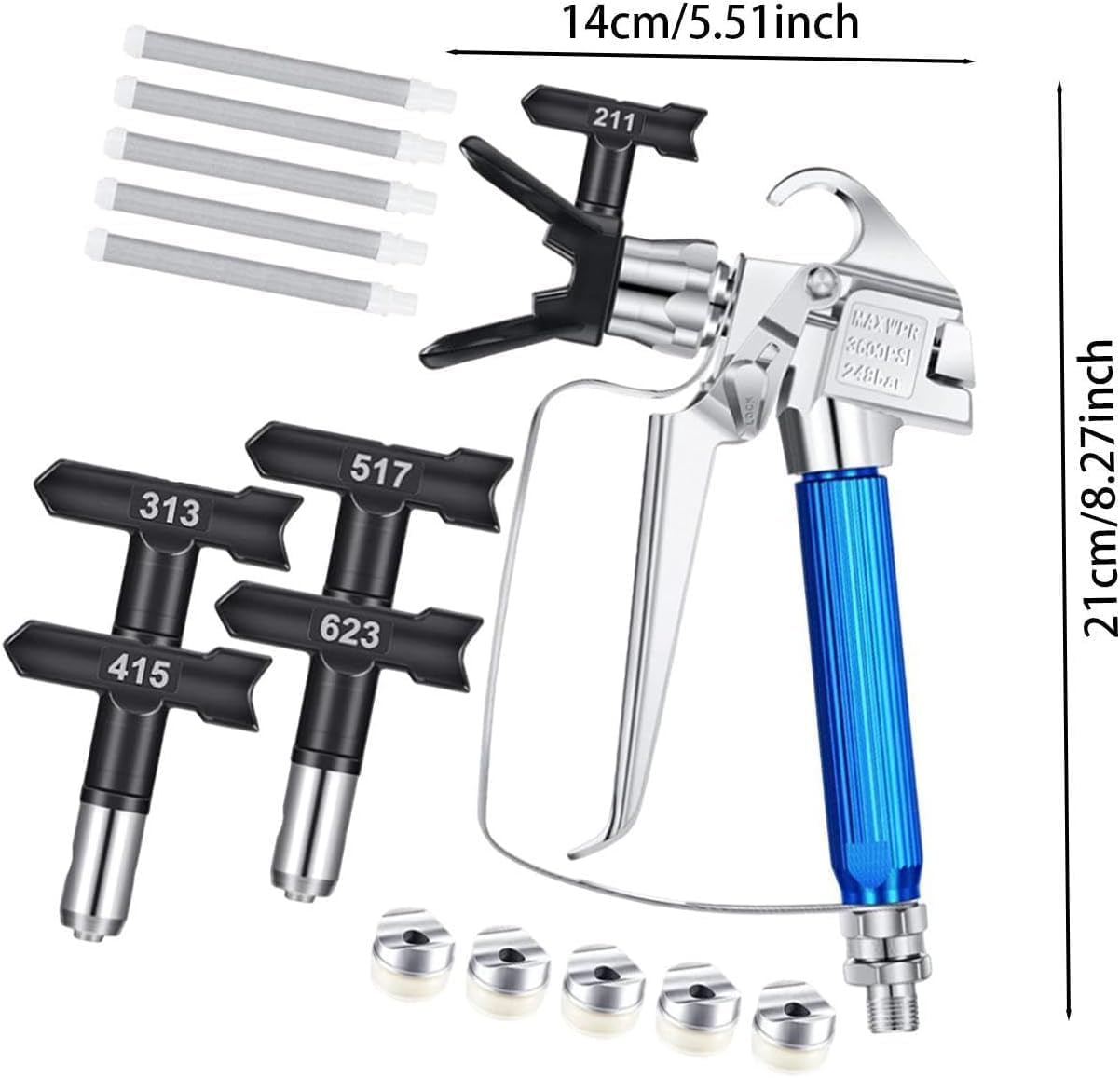 Airless Paint Sprayer Gun Kit 12-Piece- Complete Set with Nozzle Guard, 5 Spray Tips (211/313/415/517/623) & 5 Mesh Filters, Professional Spray Gun for Painting, Furniture, Fences & DIY Projects image number 1