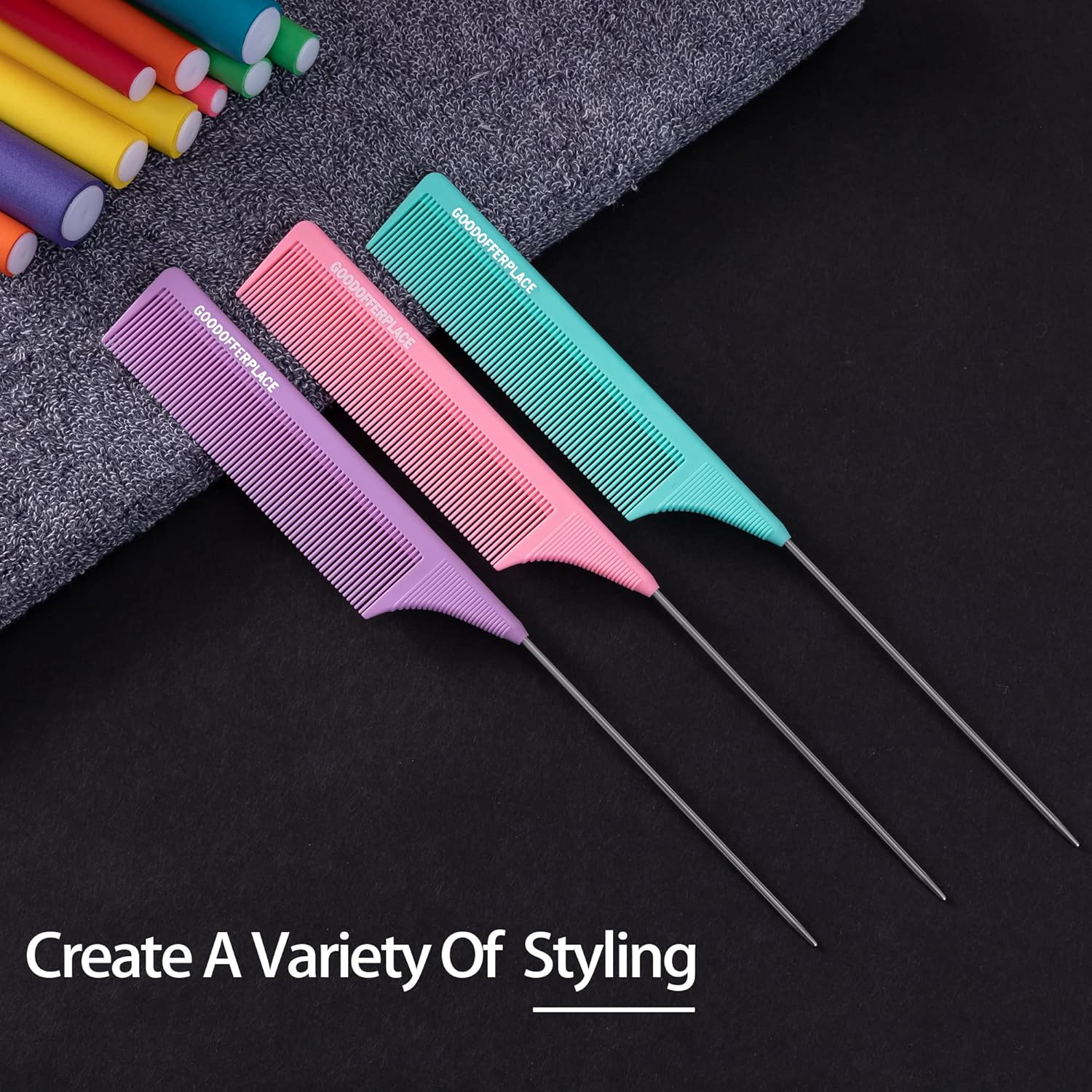 Goodofferplace 3 PCS Rat Tail Combs: Parting, Rattail, Teasing Combs with Metal Pick for Curly Hair, Detangling, Braiding, Styling (Pink, Purple, Green) image number 1