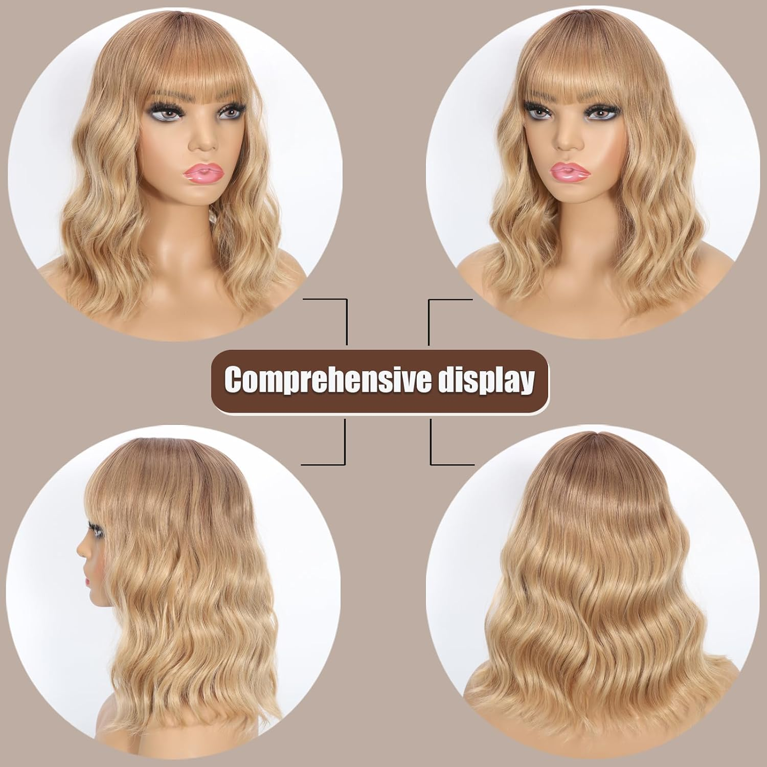 Wavy Wig with Bangs Short Curly Bob Wig for Women Highlight Style Synthetic Heat Resistant Bob Wigs for Daily Party Use (Ombre Dark Brown-Blonde, 14 Inch Bob) - Black Natural image number 4