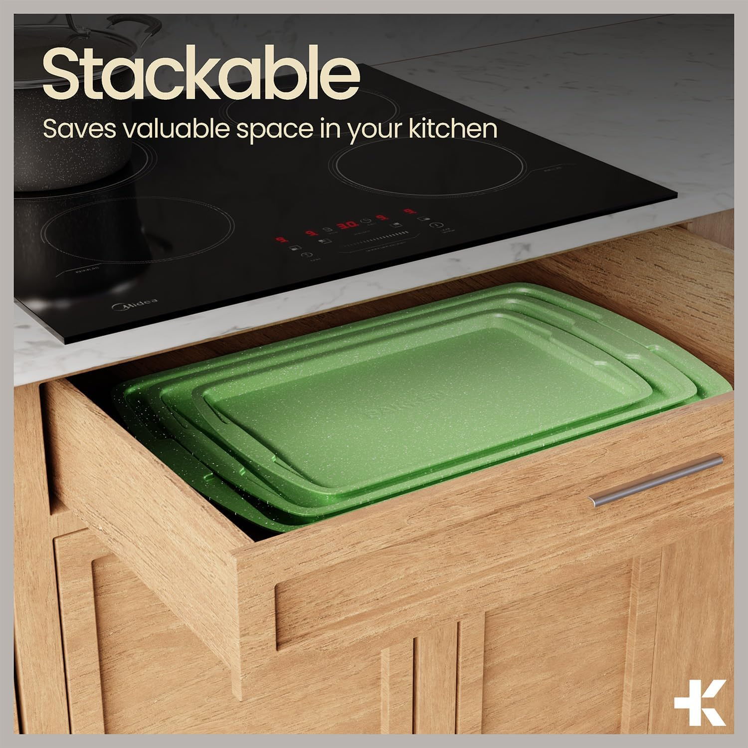 Green 10-Piece Bakeware Sets, Nonstick Carbon Steel Baking Sheet & Pans, Stackable Space-Saving Bakeware, Dishwasher Safe, Stain-Resistant, PFOAPFOSPTFE Free, Oven Safe up to 450&deg;F (230&deg;C) image number 5