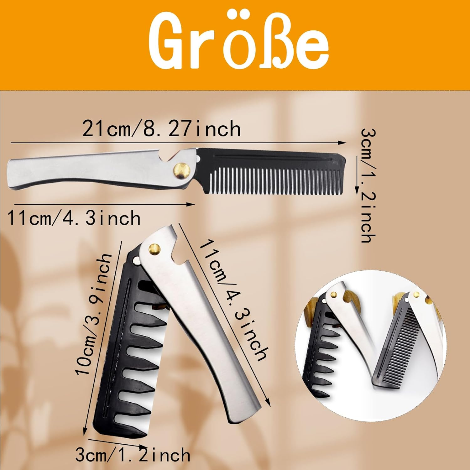 Cozevdnt 2 Pieces Foldable Beard Comb, Stainless Steel Hair Comb, Moustache Shape Comb for Grooming and Combing Hair, Beards and Moustaches image number 2