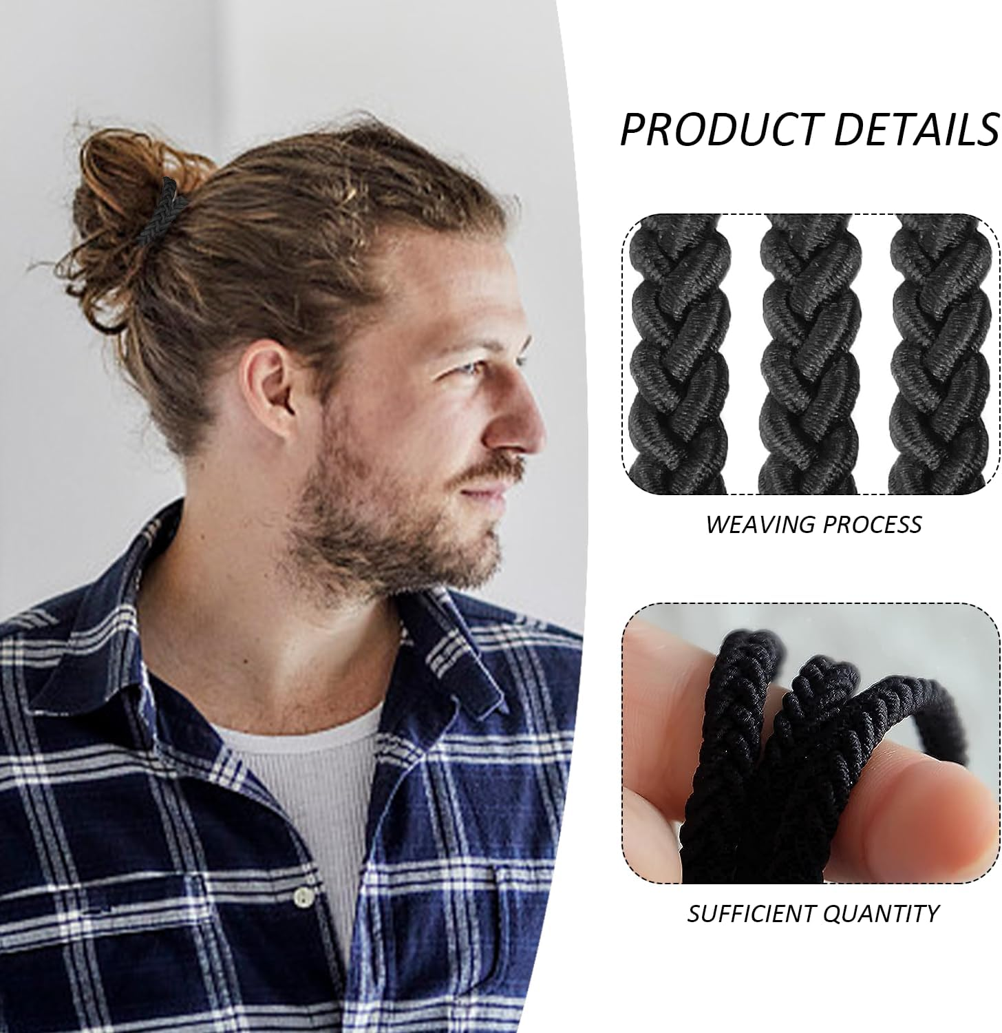 Pack of 10 Braided Headbands for Men, Hair Bobbles for Men, Highly Elastic Braided Headbands, Ponytail Solid Hair Bobbles, Suitable for Ponytails and Braids (Black) image number 2