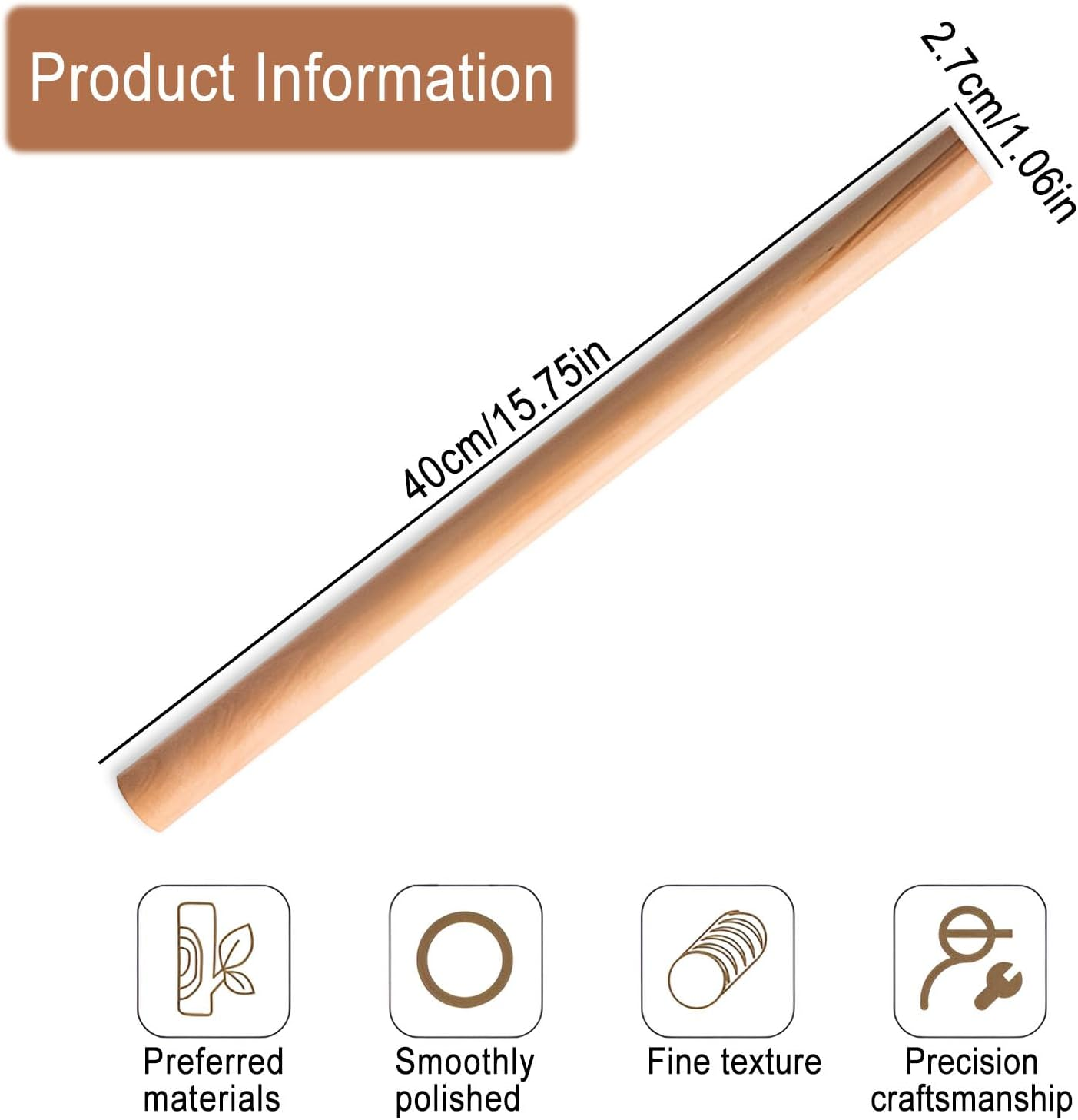 Rolling Pin, Beech Wood Rolling Pin without Handles Professional Wooden Feel Smooth Non-Sticky Suitable for Pastry Making Dough Dumpling Wrapper Baking Utensils(40Cm) image number 1