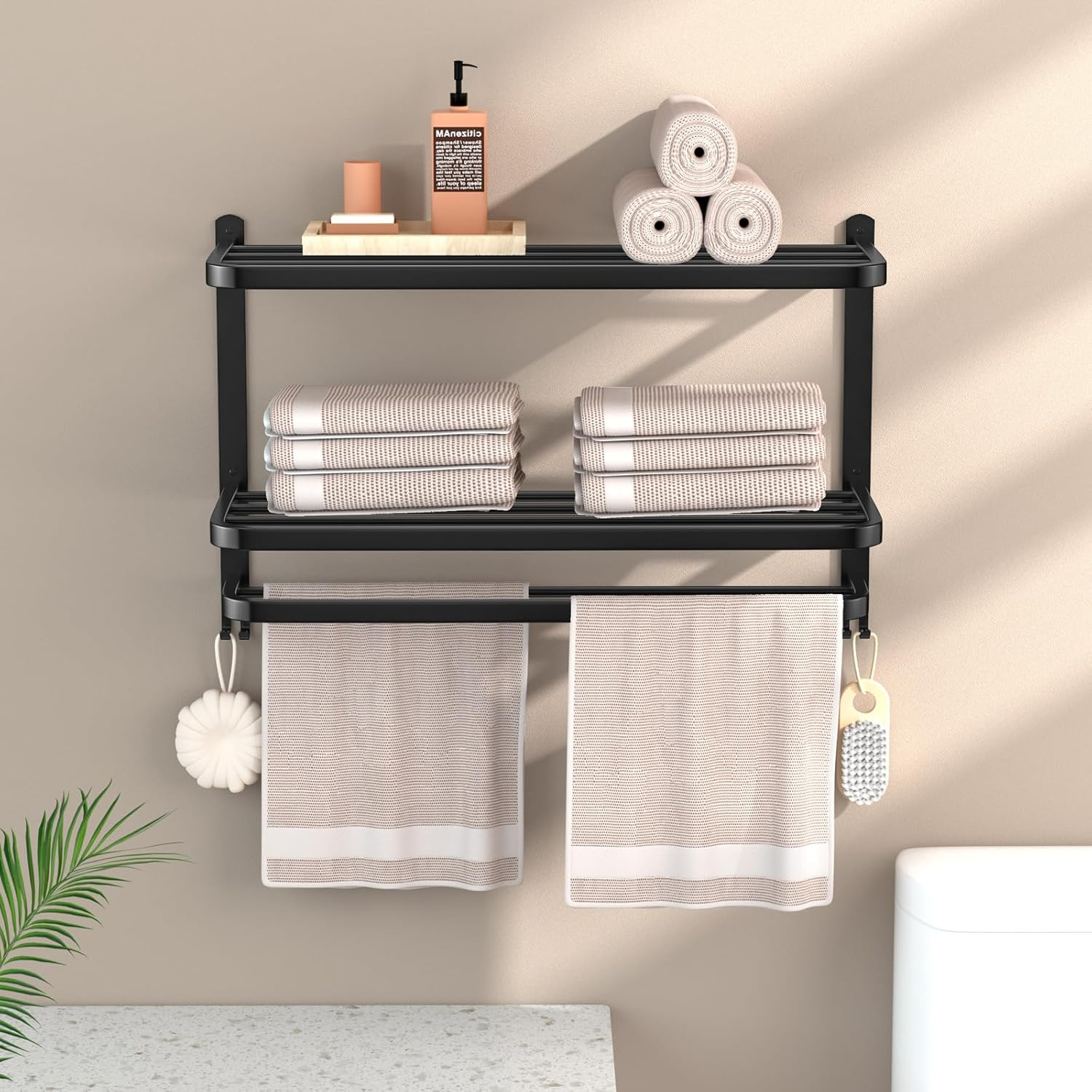 DDS-DUDES 3-Tier Black Towel Racks for Bathroom with Towel Bars Multilayer Hotel Towel Shelf Stainless Steel Wall-Mounted Matte Finished Holder with Towel Shelves 23 Inches image number 4