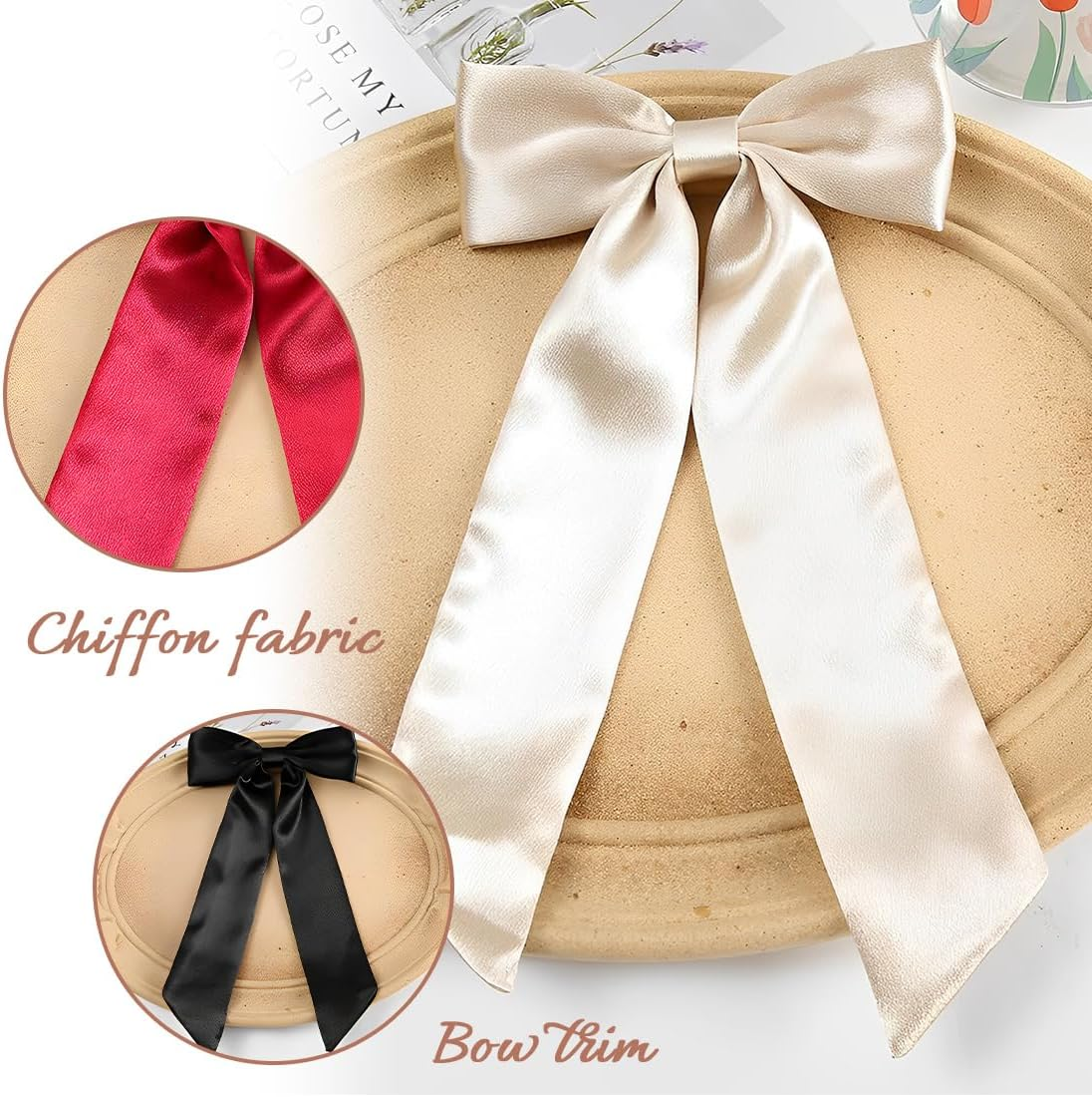 XUZOPIM Women'S Hair Bow, Pack of 3 Hair Clips, Chiffon Satin Ribbon Bow Hair, French Hair Bows Girls, Metal Bow Knot Clips Hair Accessories, Hair Pin for Women Girls, Red Black Apricot image number 4
