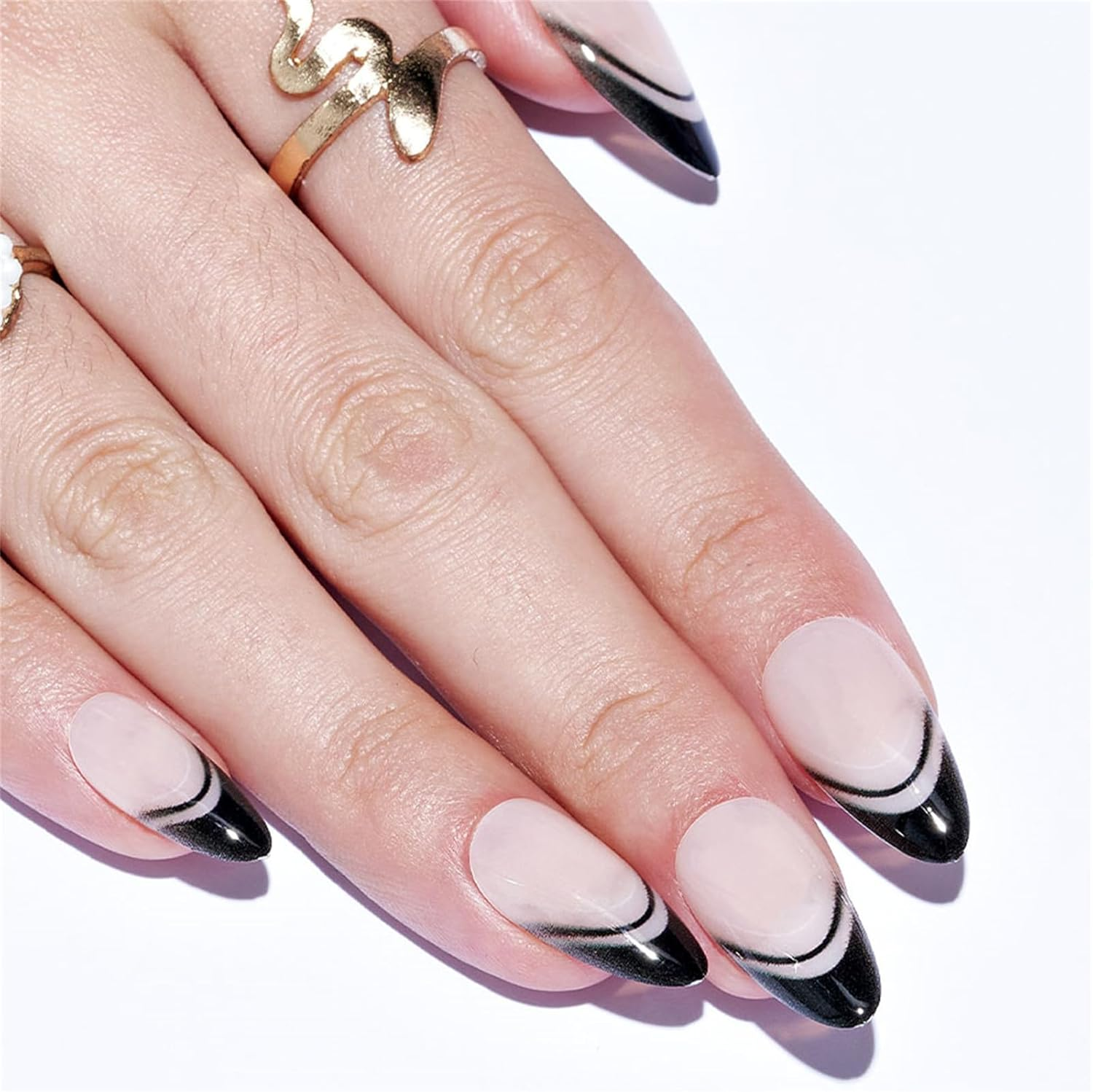 GLAMERMAID Black False Nails - French Tip Almond, 24 Pcs Reusable Stick on Nails Kit for Women Salon - Gradient Pink image number 2