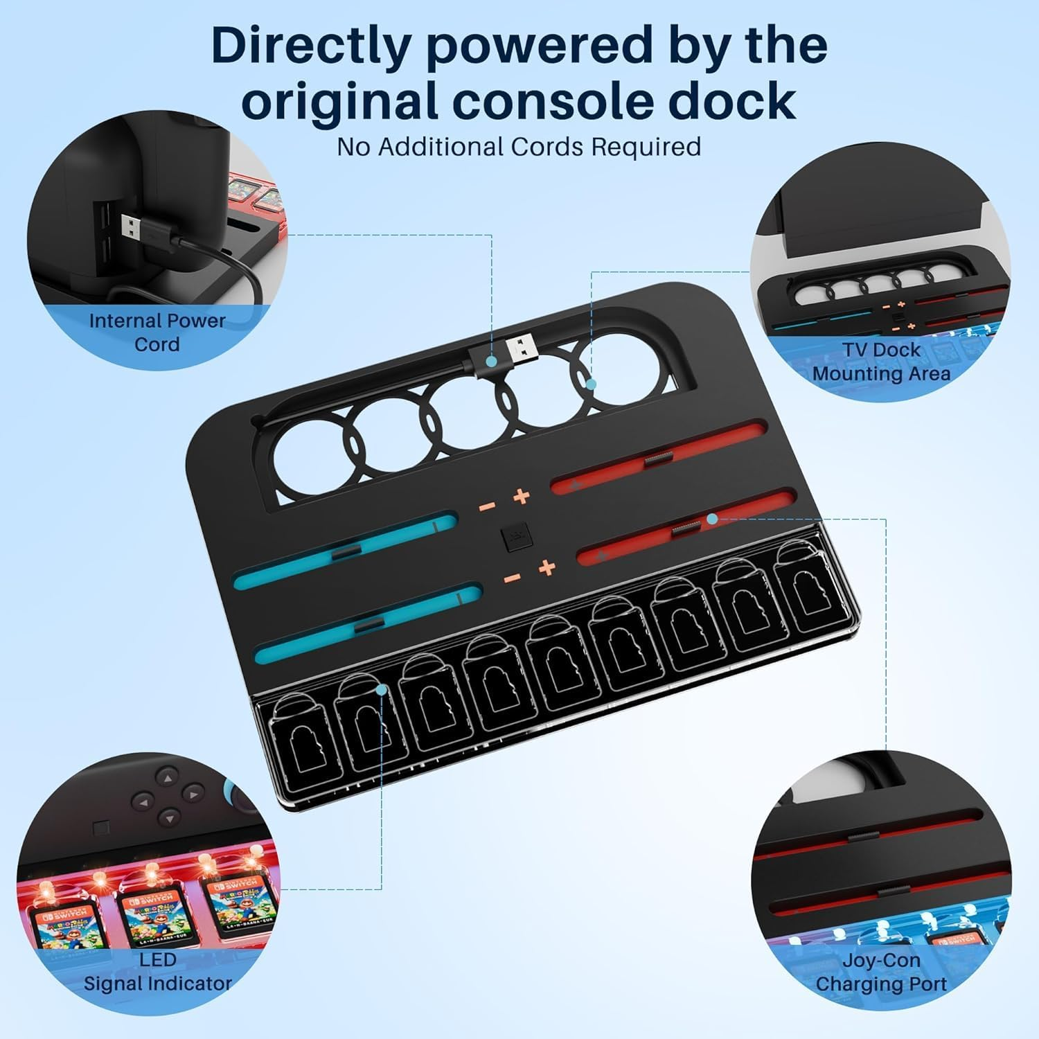 ZONEY Charging Dock Station for Nintendo Switch 2 Joy Con, 4 Controllers RGB Light Fast Charger Stand Station, with 9 Game Card Storage Stand, Black image number 3