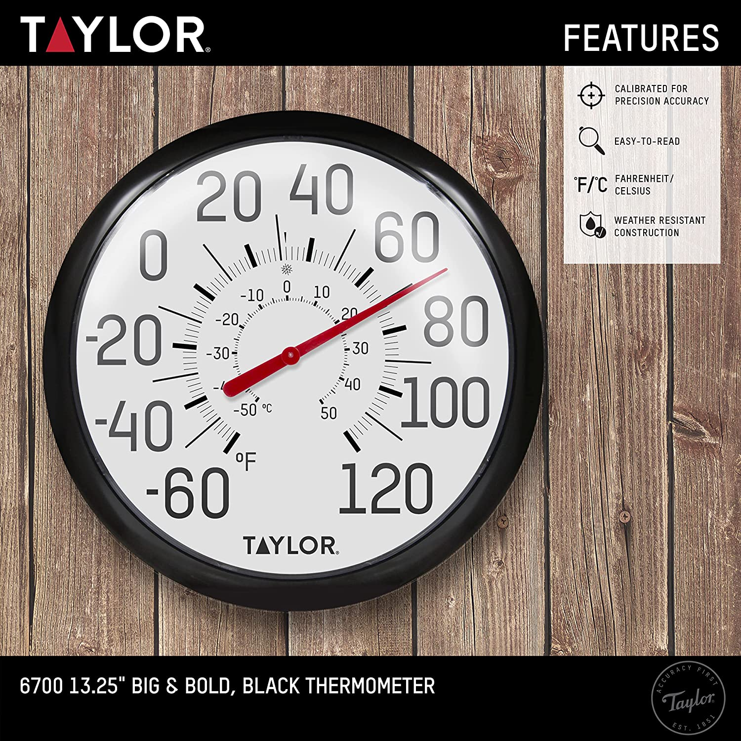 Taylor Precision Products Big and Bold Wall Thermometer, 13.25 Inch, Black image number 1