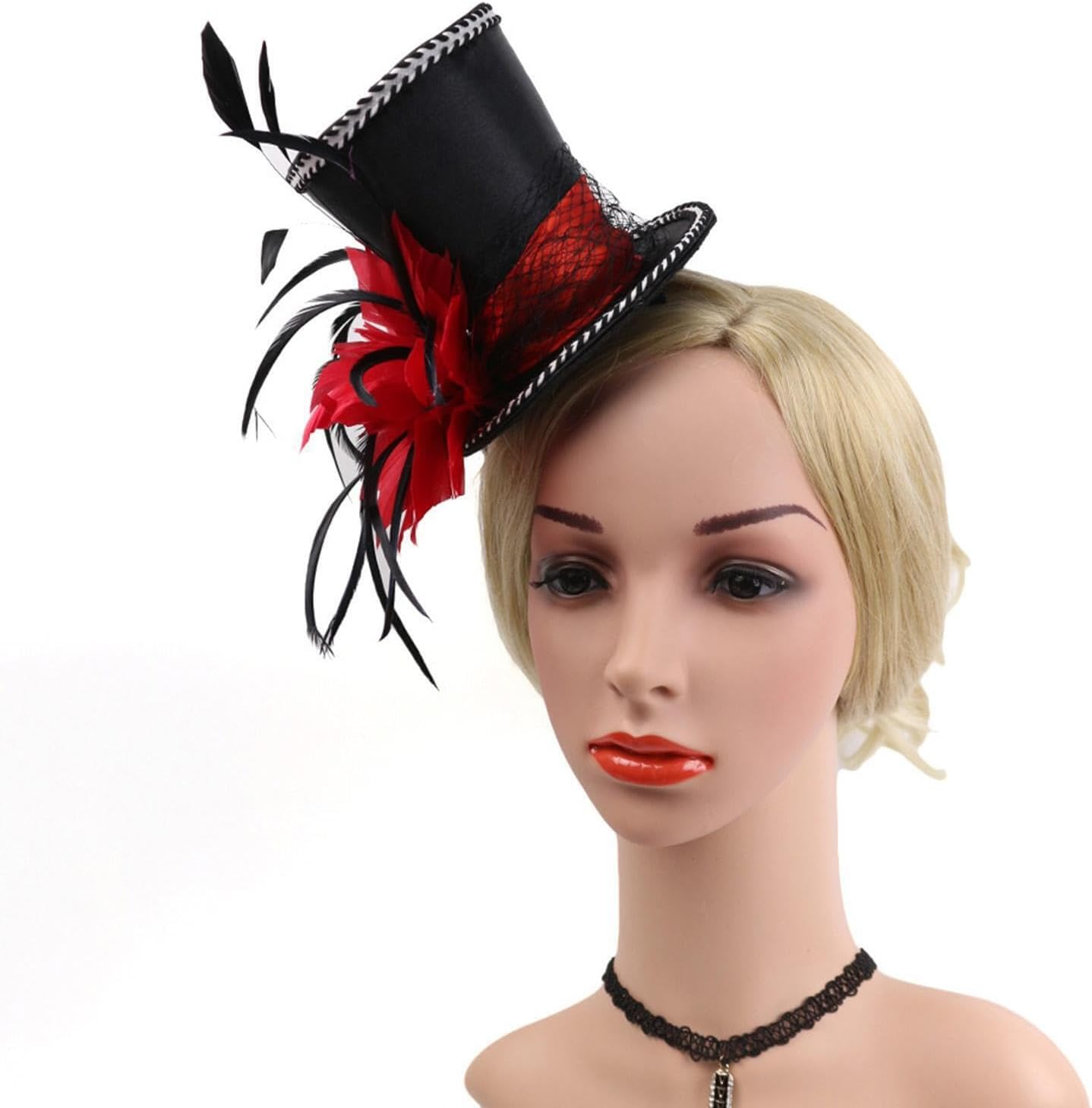 Exquisite Vintage Feather Fascinator Top Hat for Wedding Bridal Woman Fancy Dress, Red image number 4