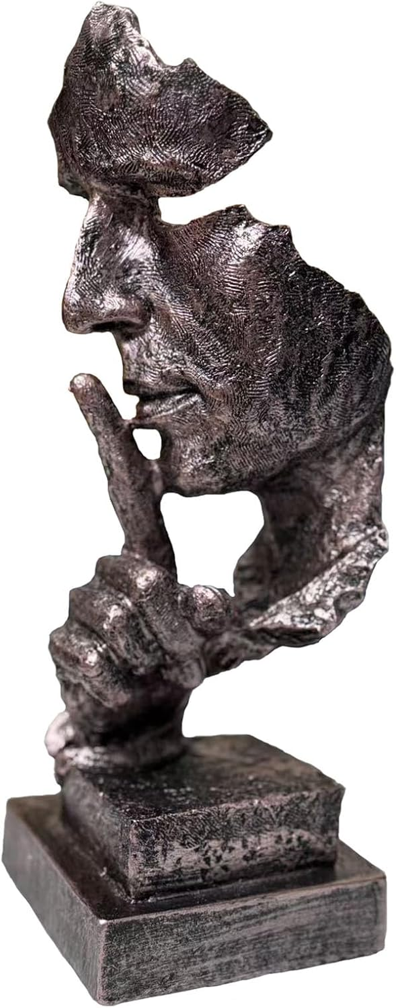 Silence Is Gold Thinker Statue - 13.5 Inches Modern Abstract Sculpture Art, Minimalist Desk Decor for Office & Home, Creative Study/Bedroom Modern Abstract Sculpture Art for Desk Decor - Ancient Silver image number 5