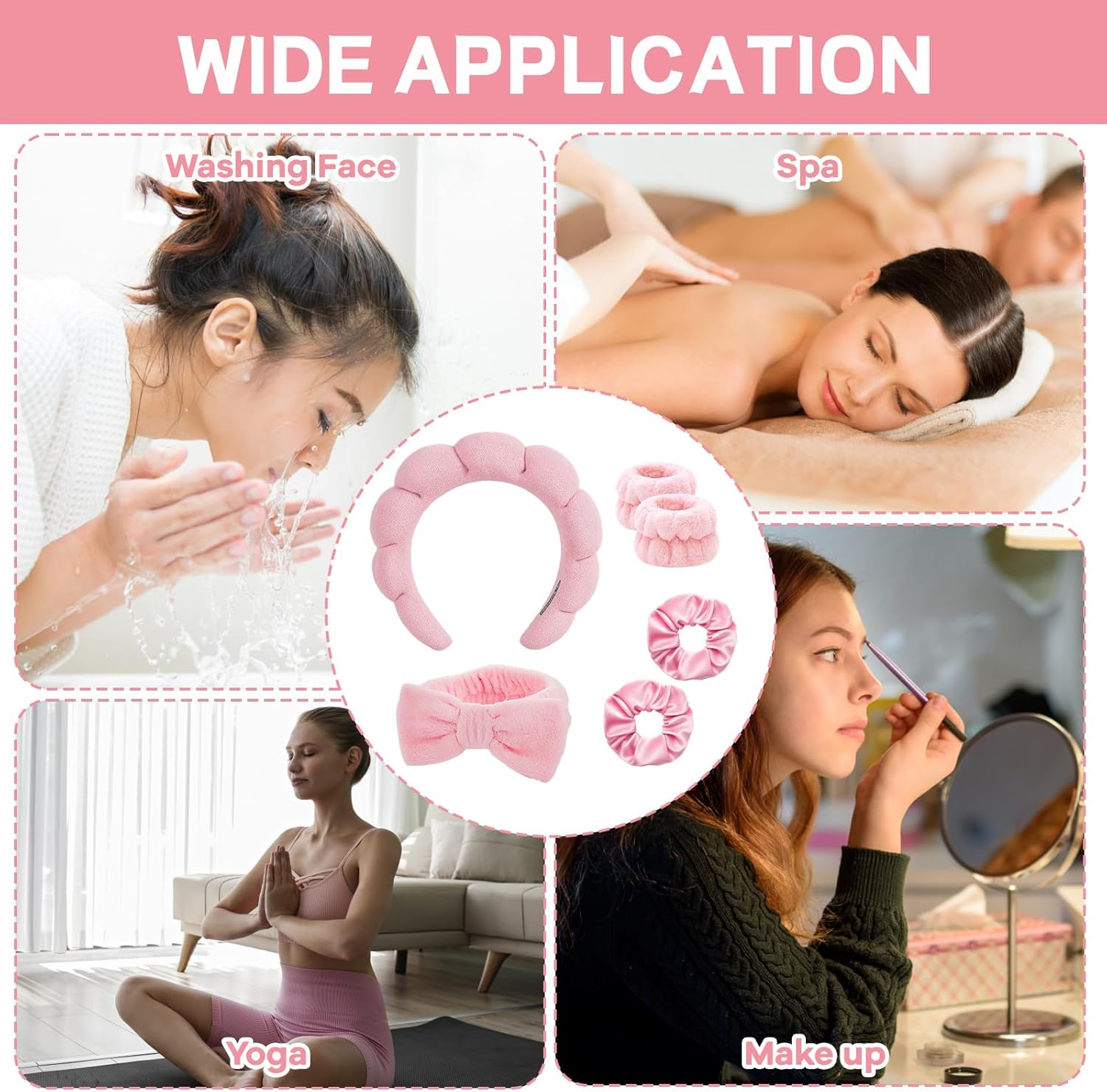Skincare Headband, 6-Piece Set Pink Makeup Headband for Women and Girls, Facial Accessories for Washing Face, Yoga and Spa, Includes Headband and Hair Clips image number 3