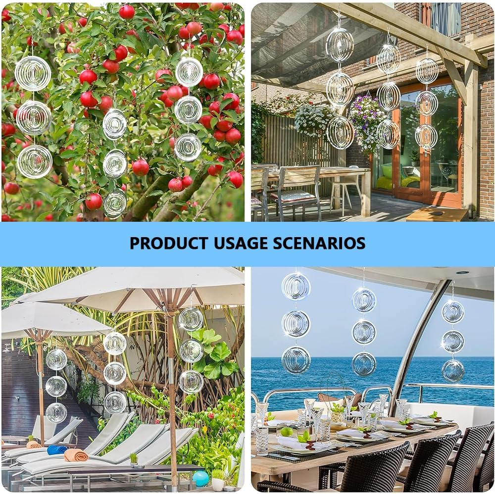 JIUSEGE 3D Reflective Bird Deterrent Set &ndash; Stainless Steel Wind Chimes & Sparkly Discs Wind Spinners for Outdoor Garden Decor, Keep Woodpeckers & Pigeons Away from Your House, Garden, Boat & Orchard