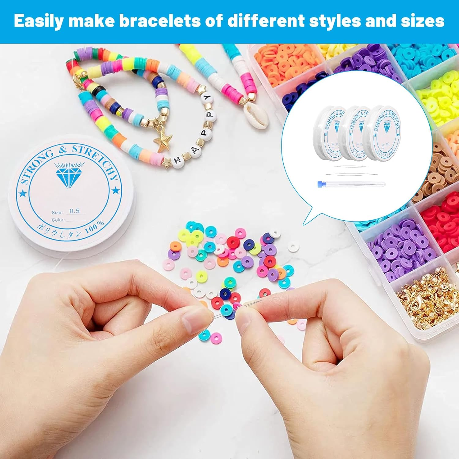 Elastic String for Bracelets, Bracelet String, 6 Rolls Premium Elastic Cord and 2 Pcs Open Beading Needle, Jewellery Elastic, Bracelet Making Kit, Perfect for DIY Jewelry and Beads Making! image number 1